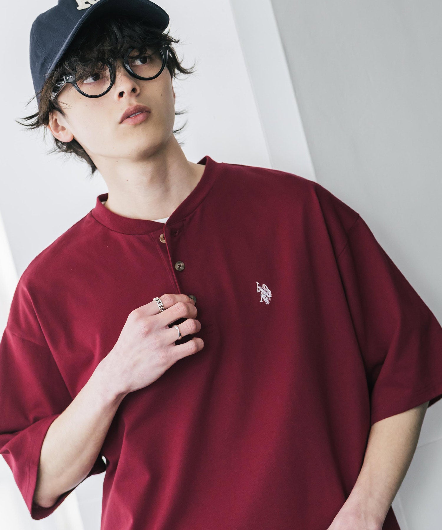 U.S. POLO ASSN. ユーエスポロアッスン 別注コラボワンポイントロゴ刺繍天竺ヘンリーネック半袖Tシャツ 15427