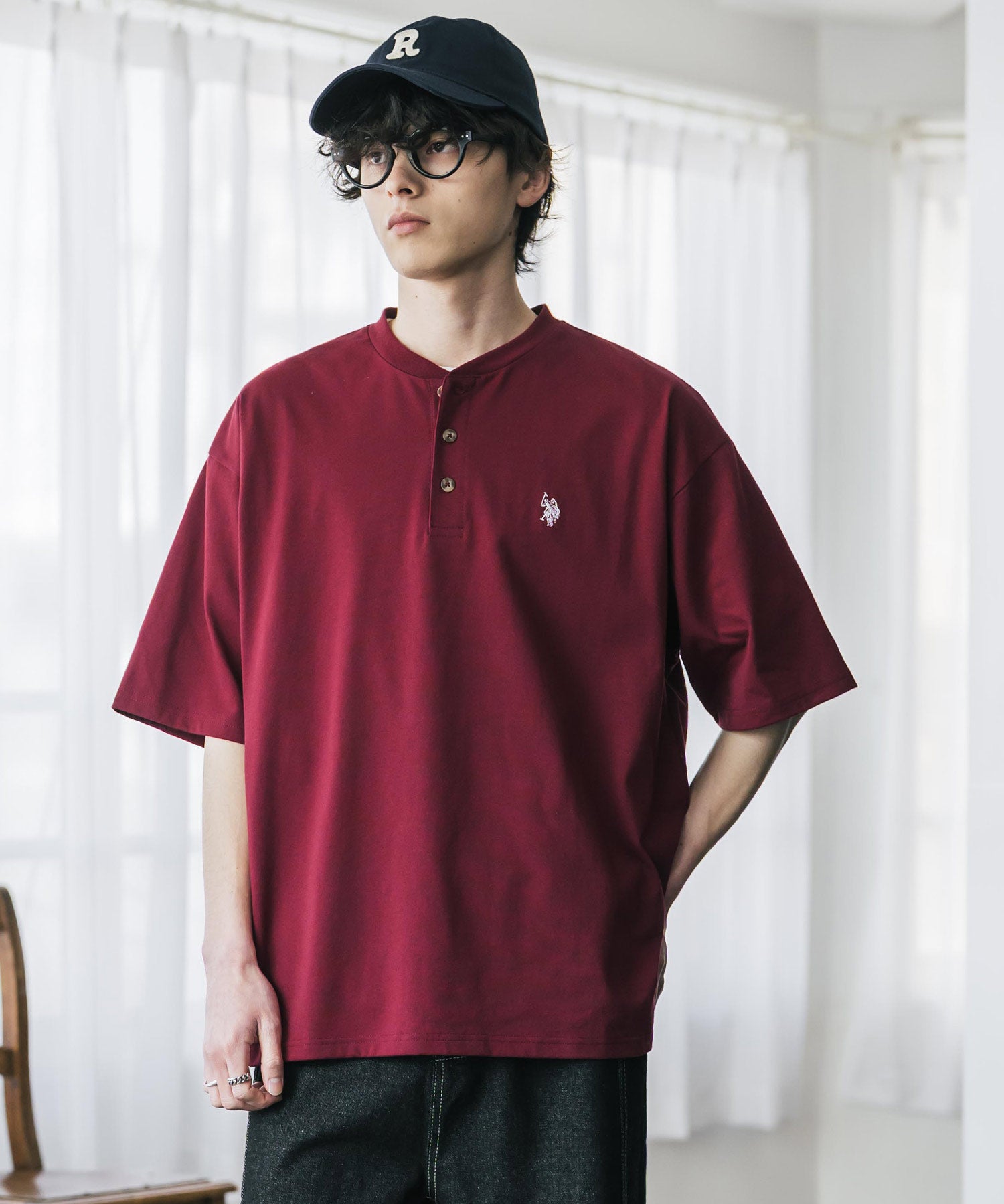 U.S. POLO ASSN. ユーエスポロアッスン 別注コラボワンポイントロゴ刺繍天竺ヘンリーネック半袖Tシャツ 15427