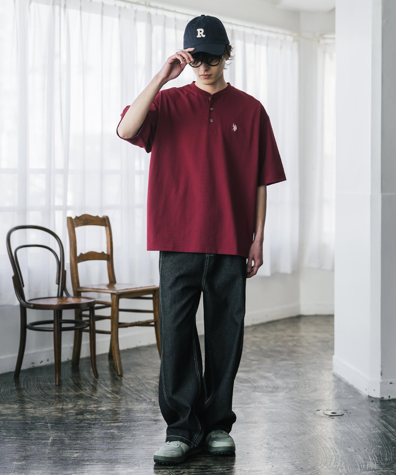 U.S. POLO ASSN. ユーエスポロアッスン 別注コラボワンポイントロゴ刺繍天竺ヘンリーネック半袖Tシャツ 15427