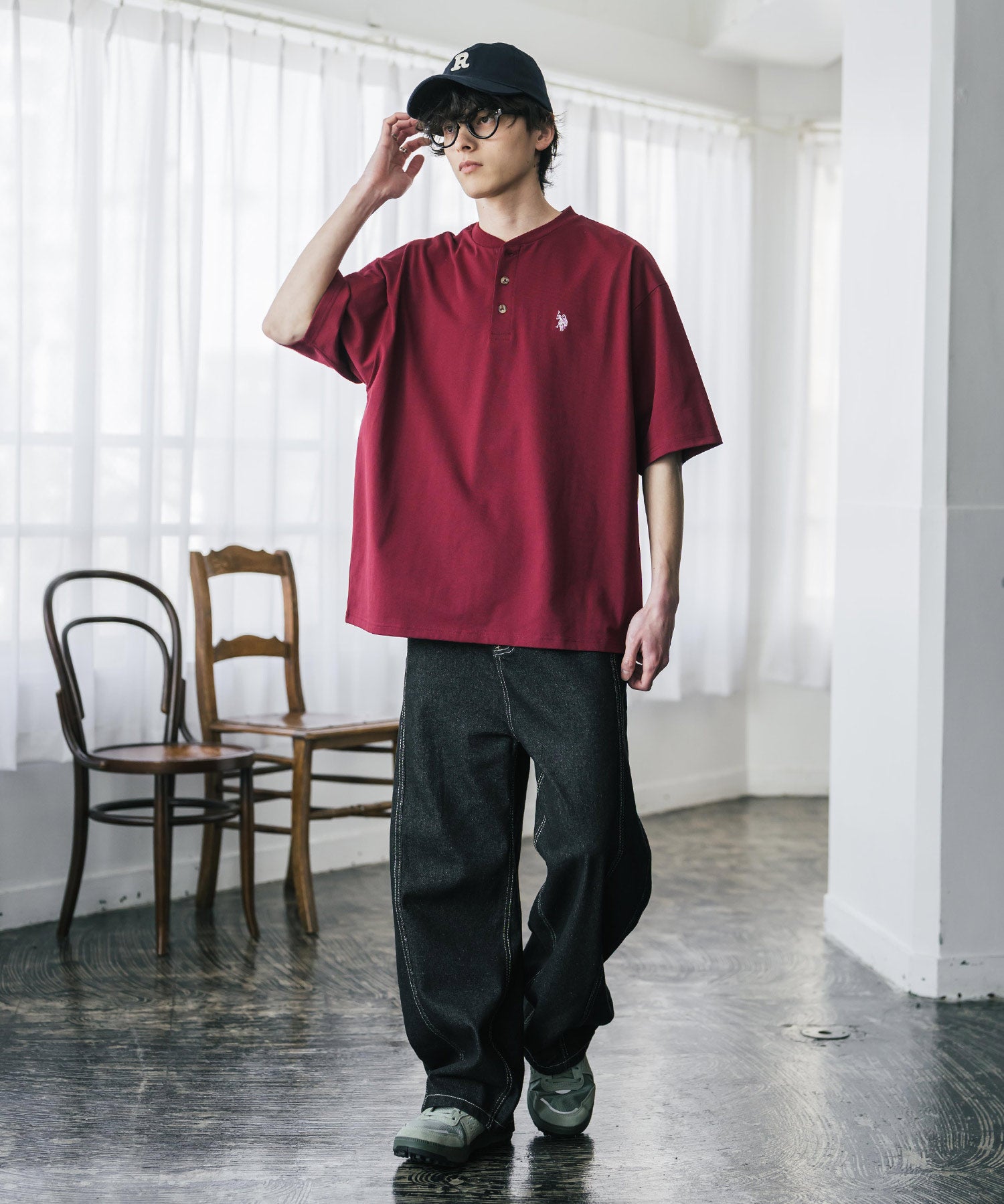 U.S. POLO ASSN. ユーエスポロアッスン 別注コラボワンポイントロゴ刺繍天竺ヘンリーネック半袖Tシャツ 15427