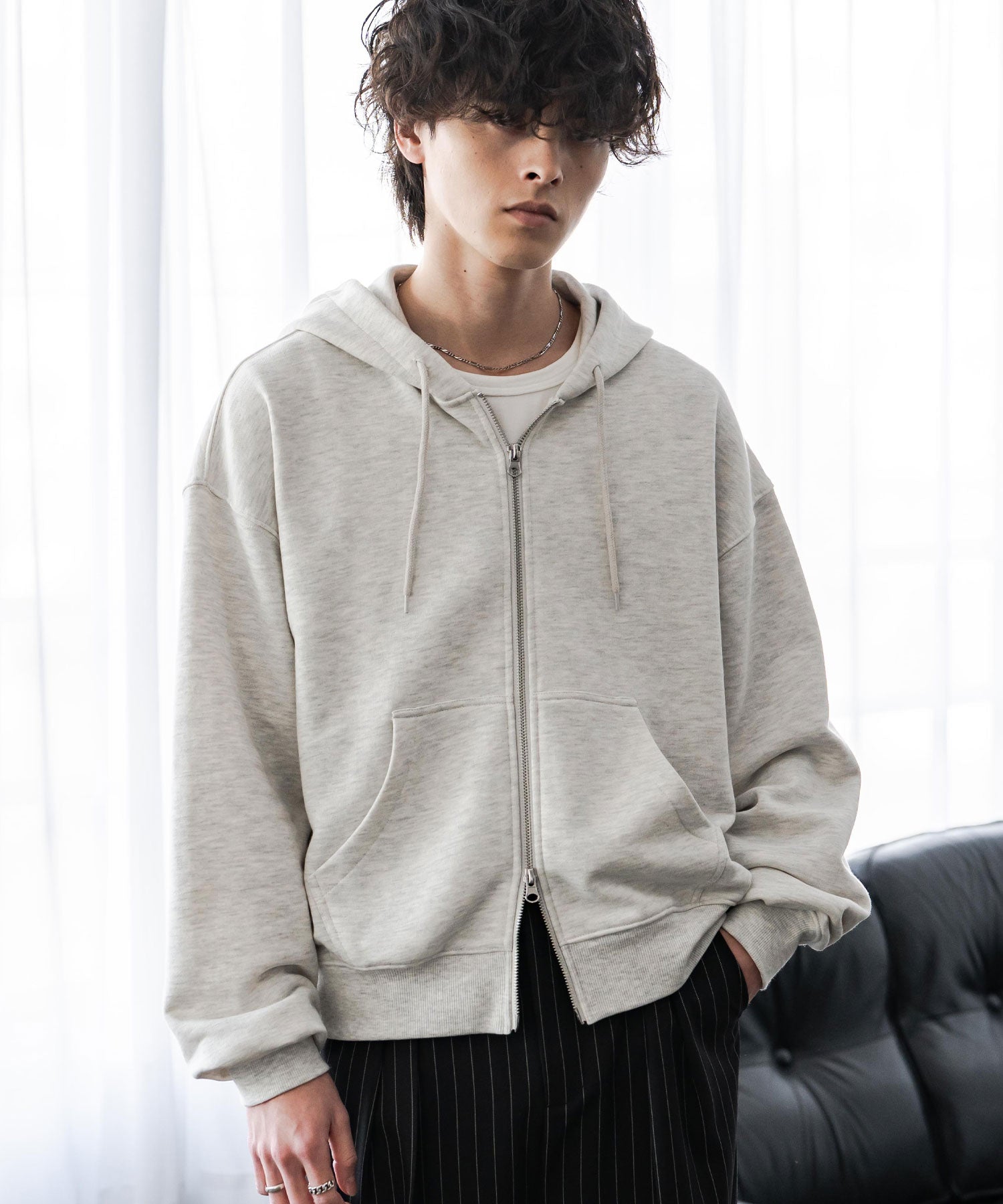 オーバーサイズ 裏毛ショート丈長袖ダブルジップパーカー 15435　【セットアップ可能】