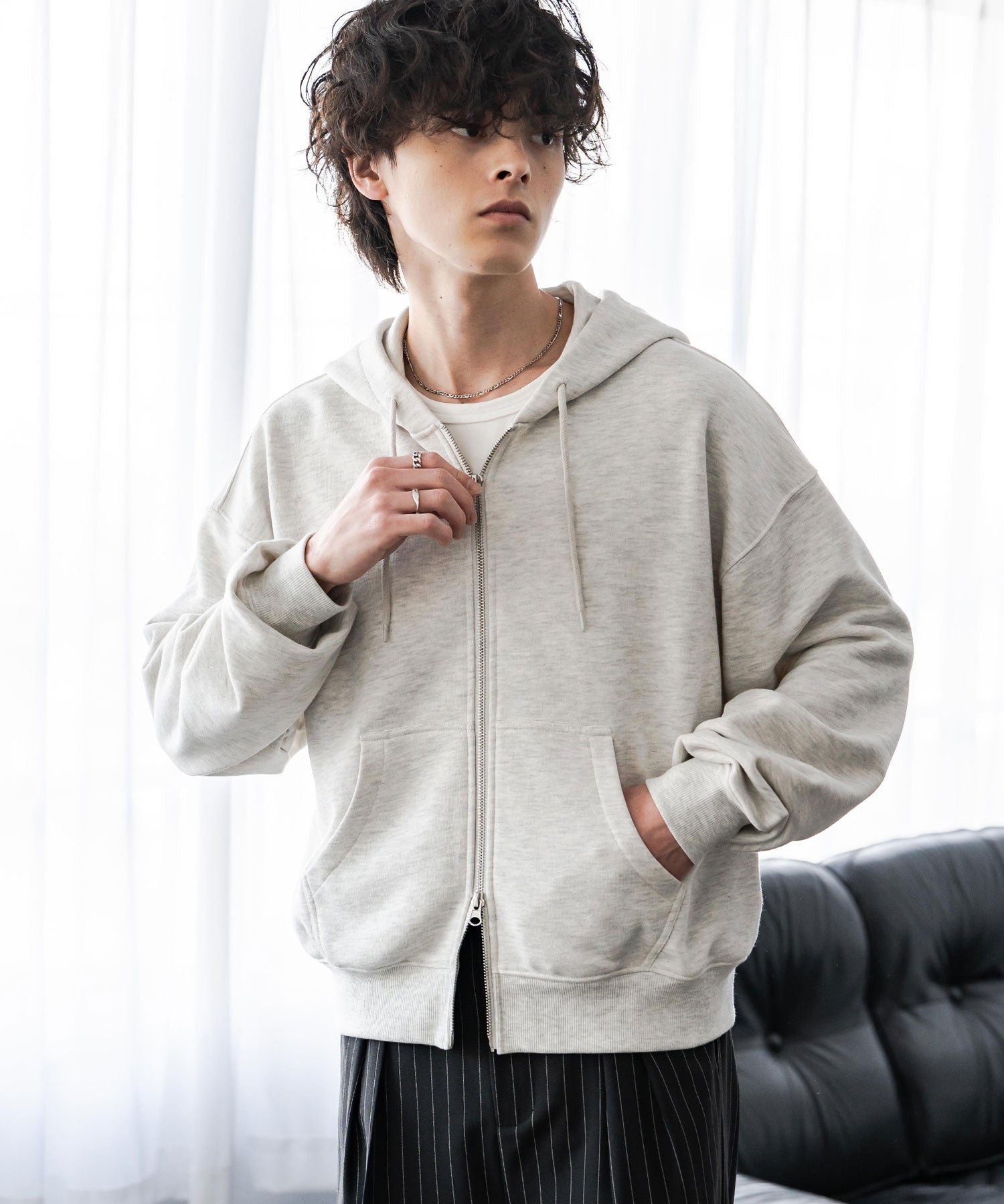 オーバーサイズ 裏毛ショート丈長袖ダブルジップパーカー 15435　【セットアップ可能】