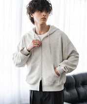 オーバーサイズ 裏毛ショート丈長袖ダブルジップパーカー 15435　【セットアップ可能】