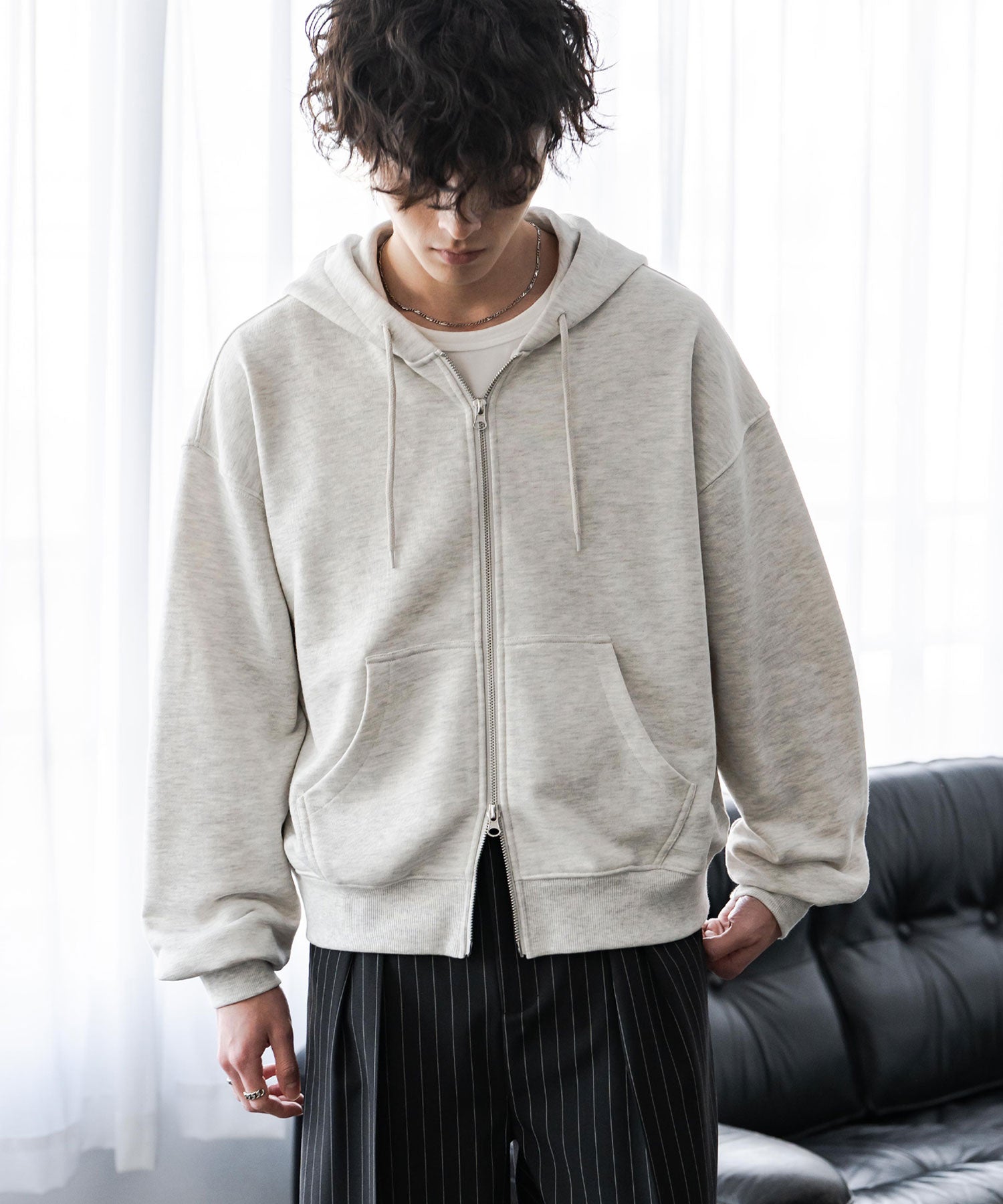 オーバーサイズ 裏毛ショート丈長袖ダブルジップパーカー 15435　【セットアップ可能】