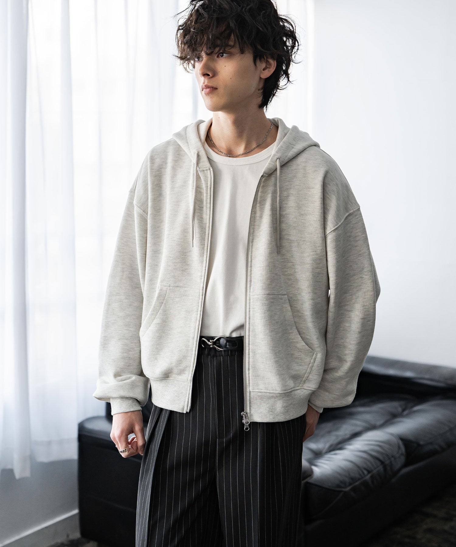 オーバーサイズ 裏毛ショート丈長袖ダブルジップパーカー 15435　【セットアップ可能】