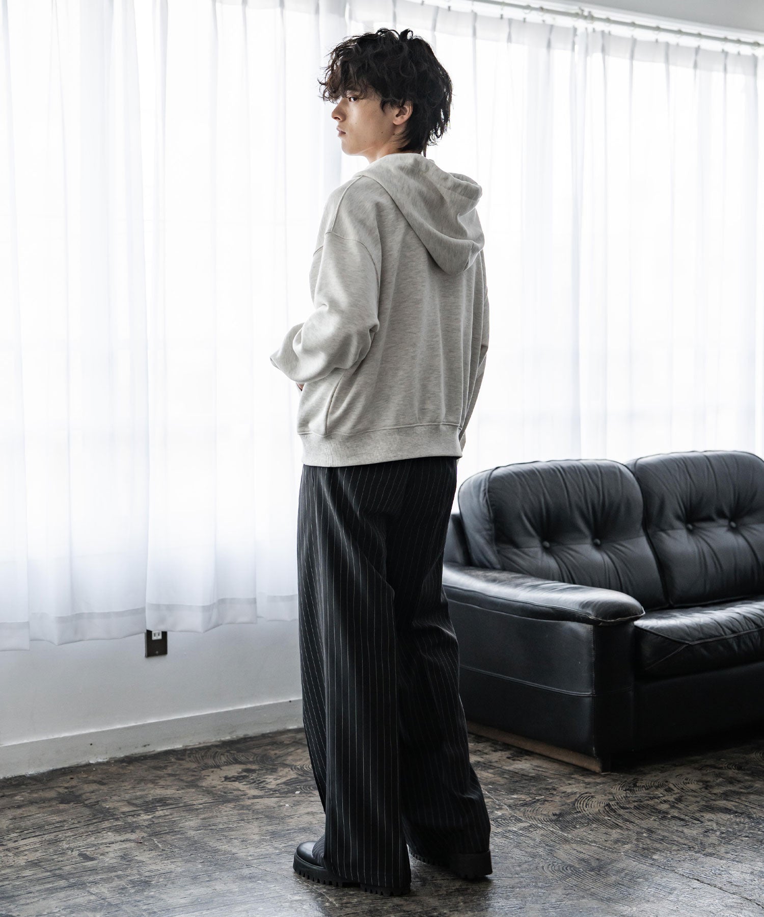 オーバーサイズ 裏毛ショート丈長袖ダブルジップパーカー 15435　【セットアップ可能】