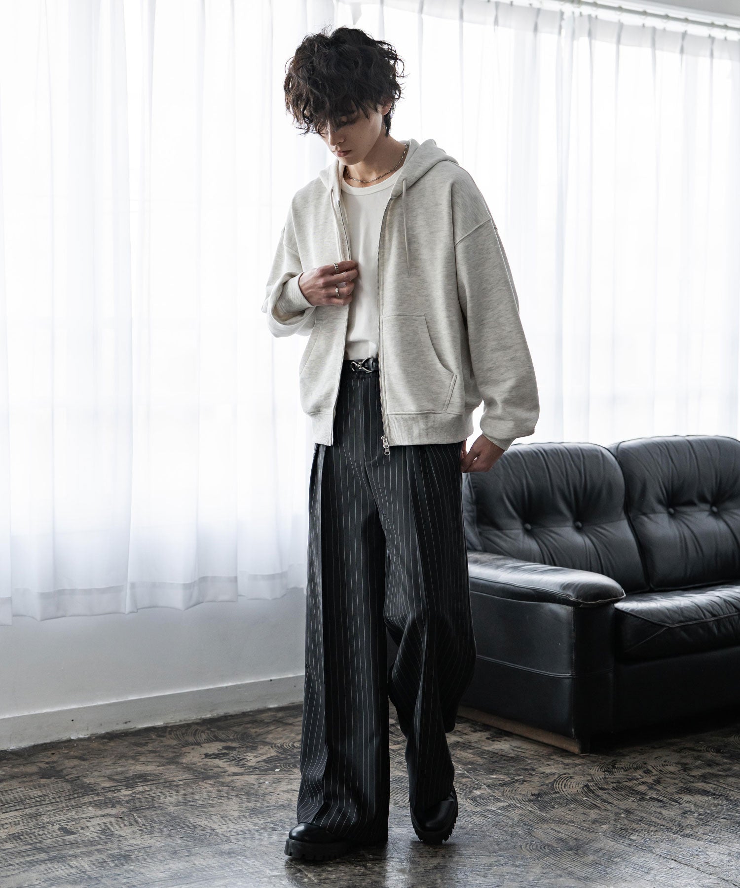 オーバーサイズ 裏毛ショート丈長袖ダブルジップパーカー 15435　【セットアップ可能】