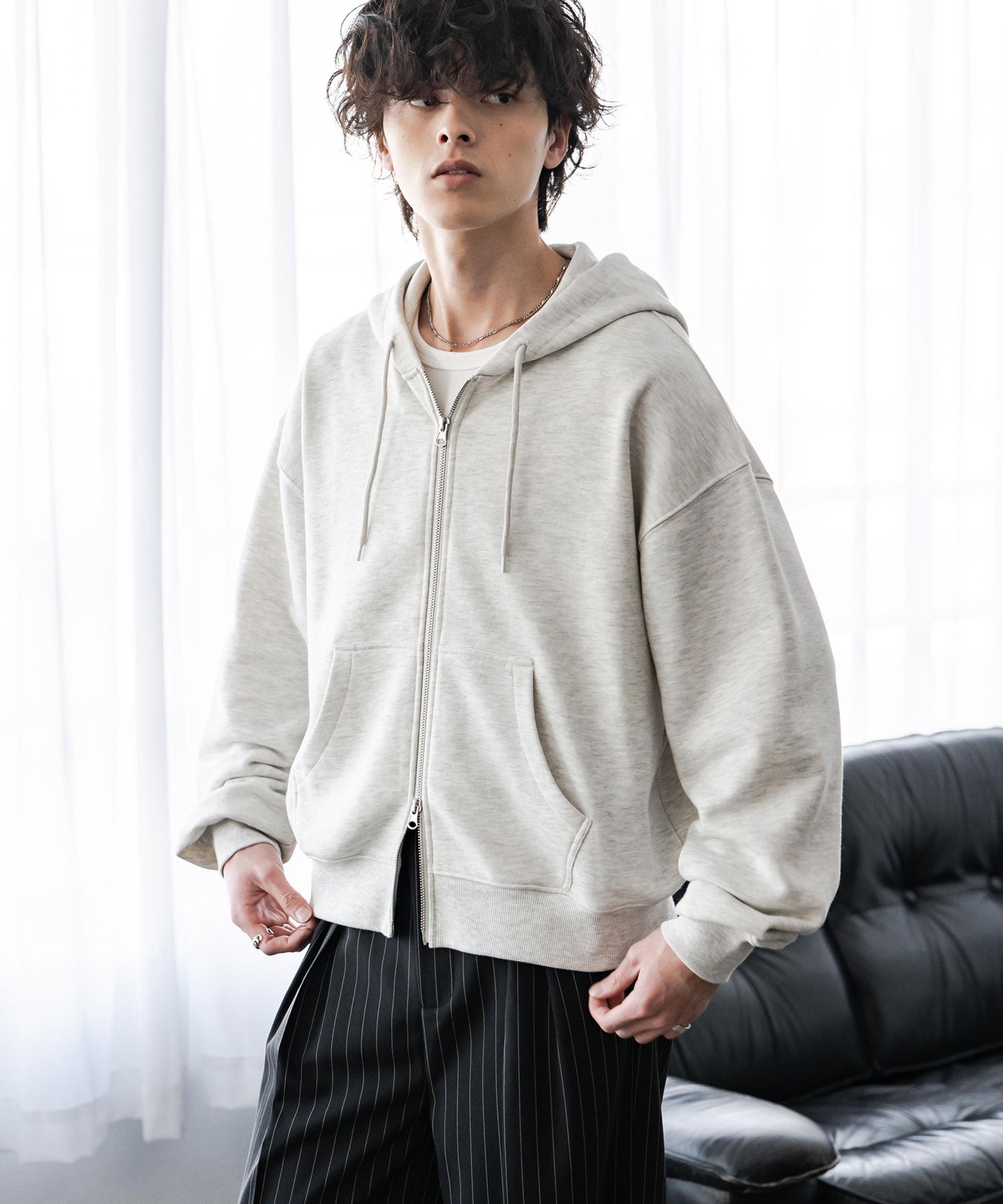 オーバーサイズ 裏毛ショート丈長袖ダブルジップパーカー 15435　【セットアップ可能】