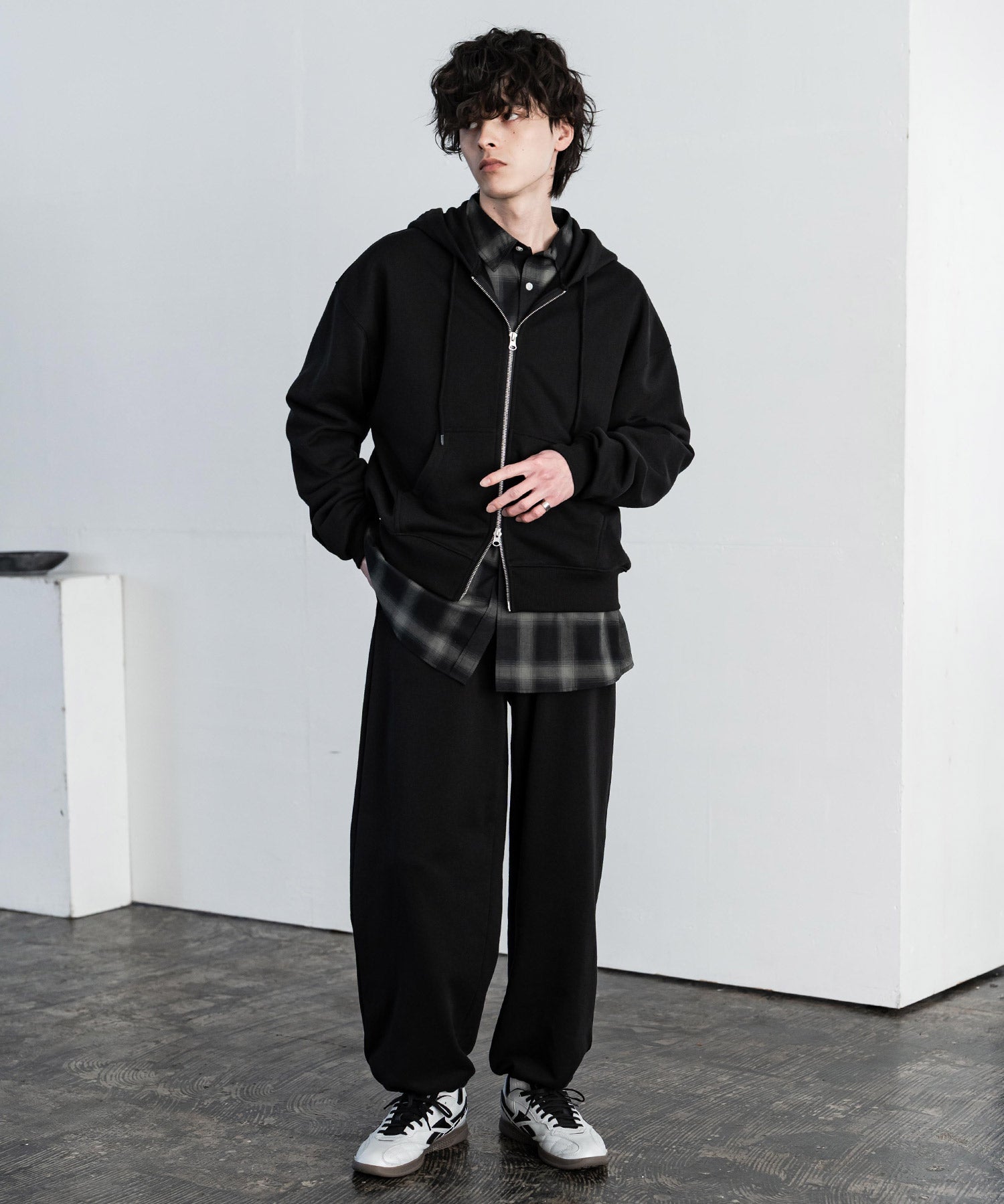 オーバーサイズ 裏毛ショート丈長袖ダブルジップパーカー 15435　【セットアップ可能】