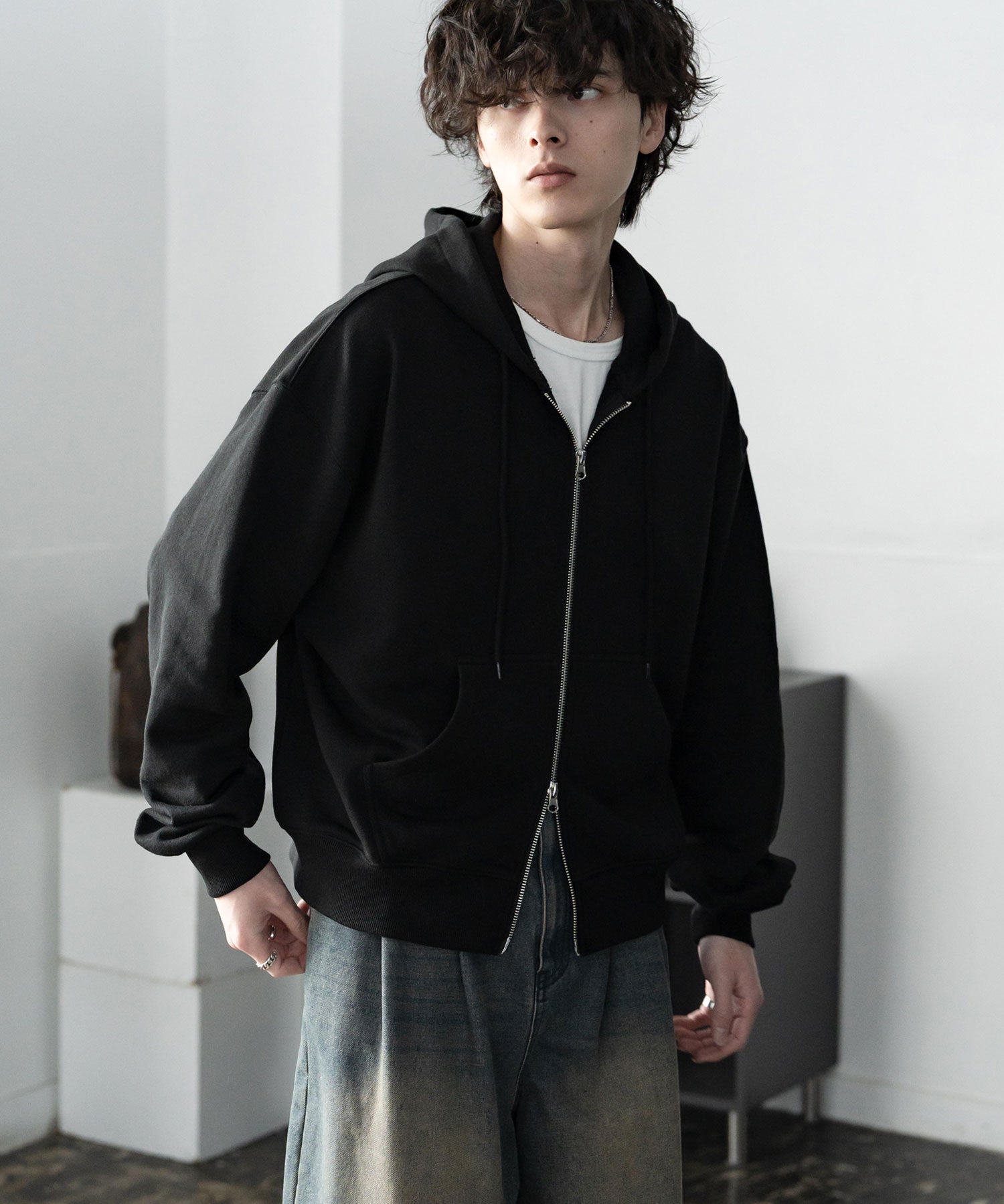 オーバーサイズ 裏毛ショート丈長袖ダブルジップパーカー 15435　【セットアップ可能】