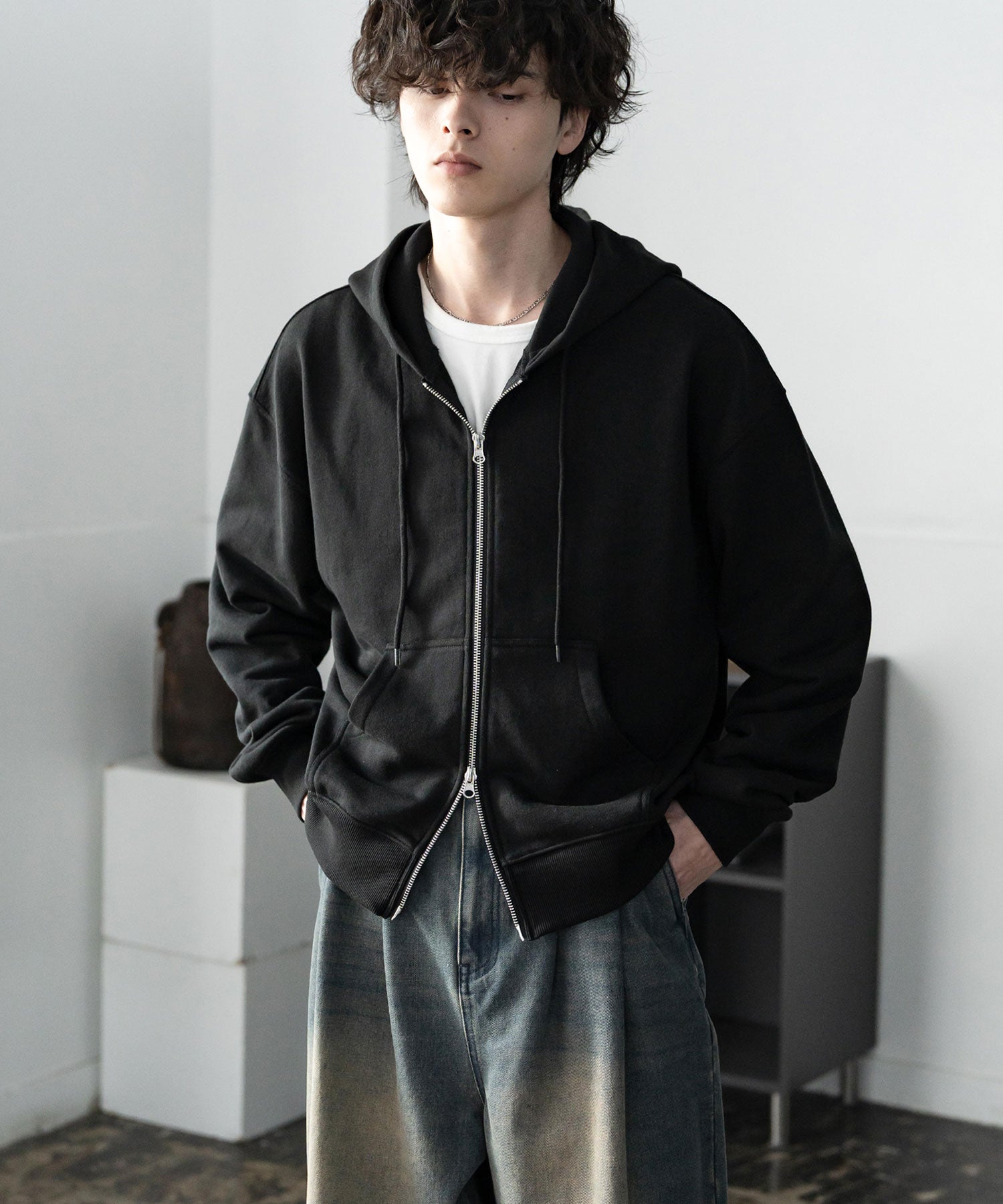 オーバーサイズ 裏毛ショート丈長袖ダブルジップパーカー 15435　【セットアップ可能】