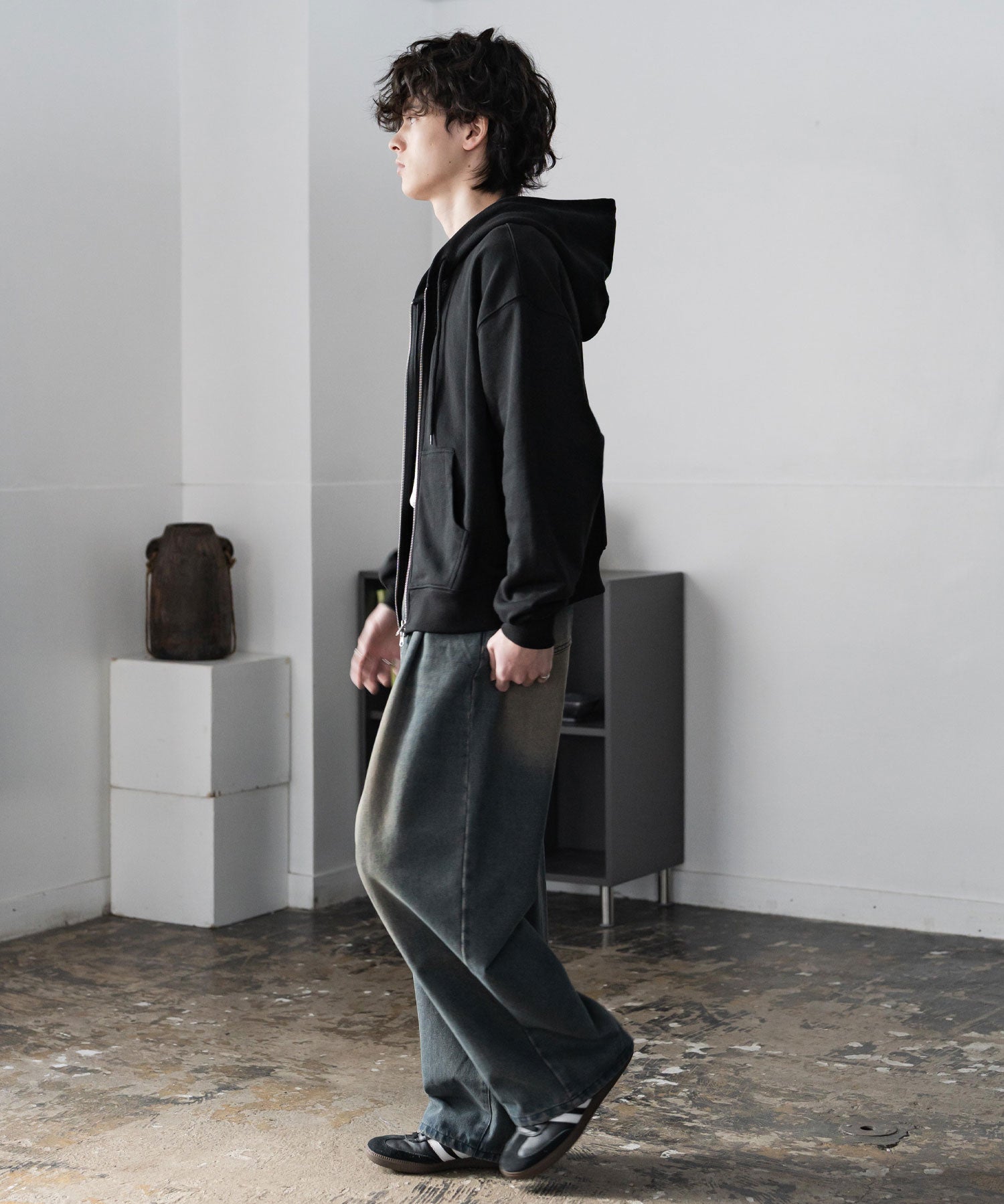 オーバーサイズ 裏毛ショート丈長袖ダブルジップパーカー 15435　【セットアップ可能】