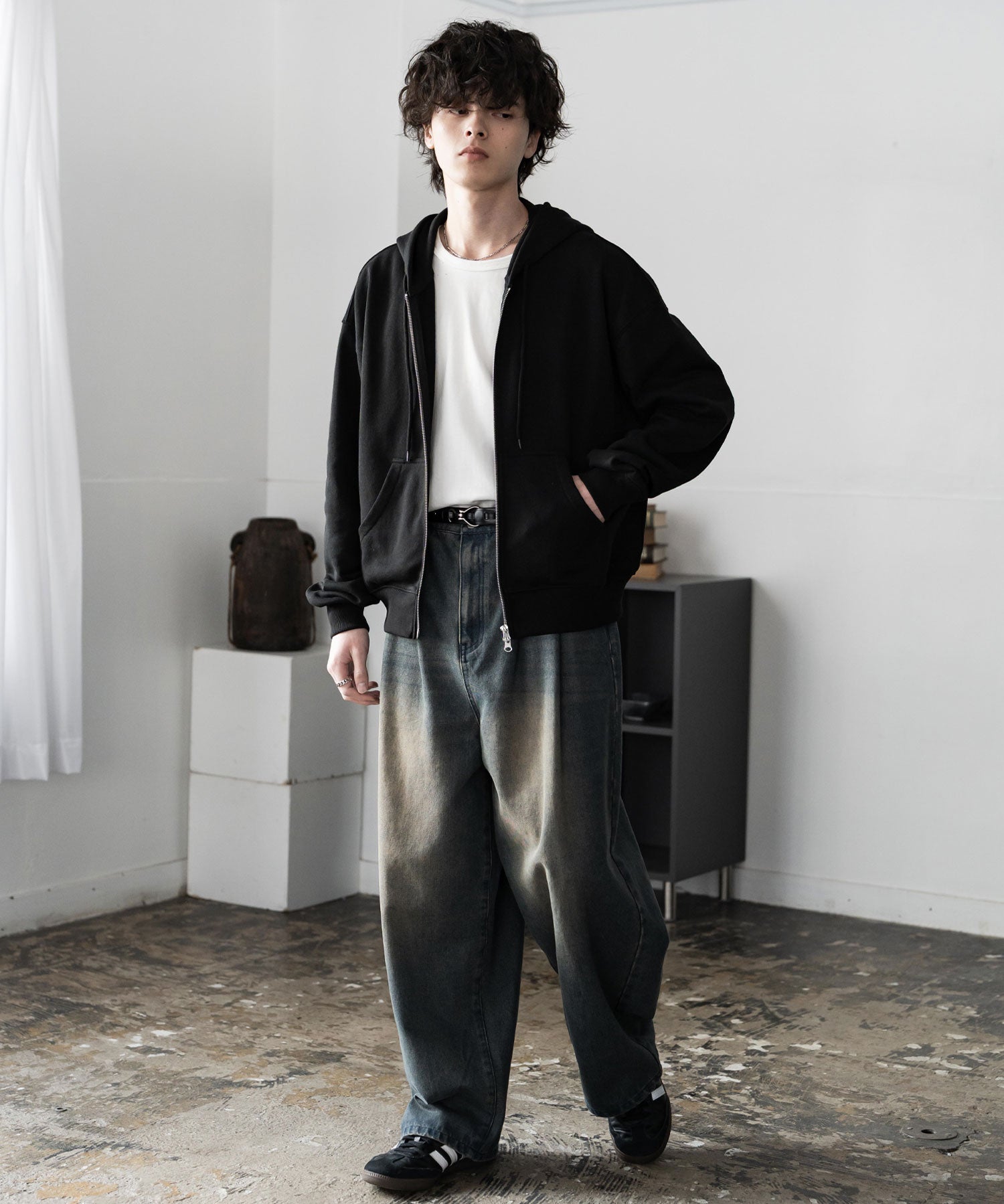 オーバーサイズ 裏毛ショート丈長袖ダブルジップパーカー 15435　【セットアップ可能】