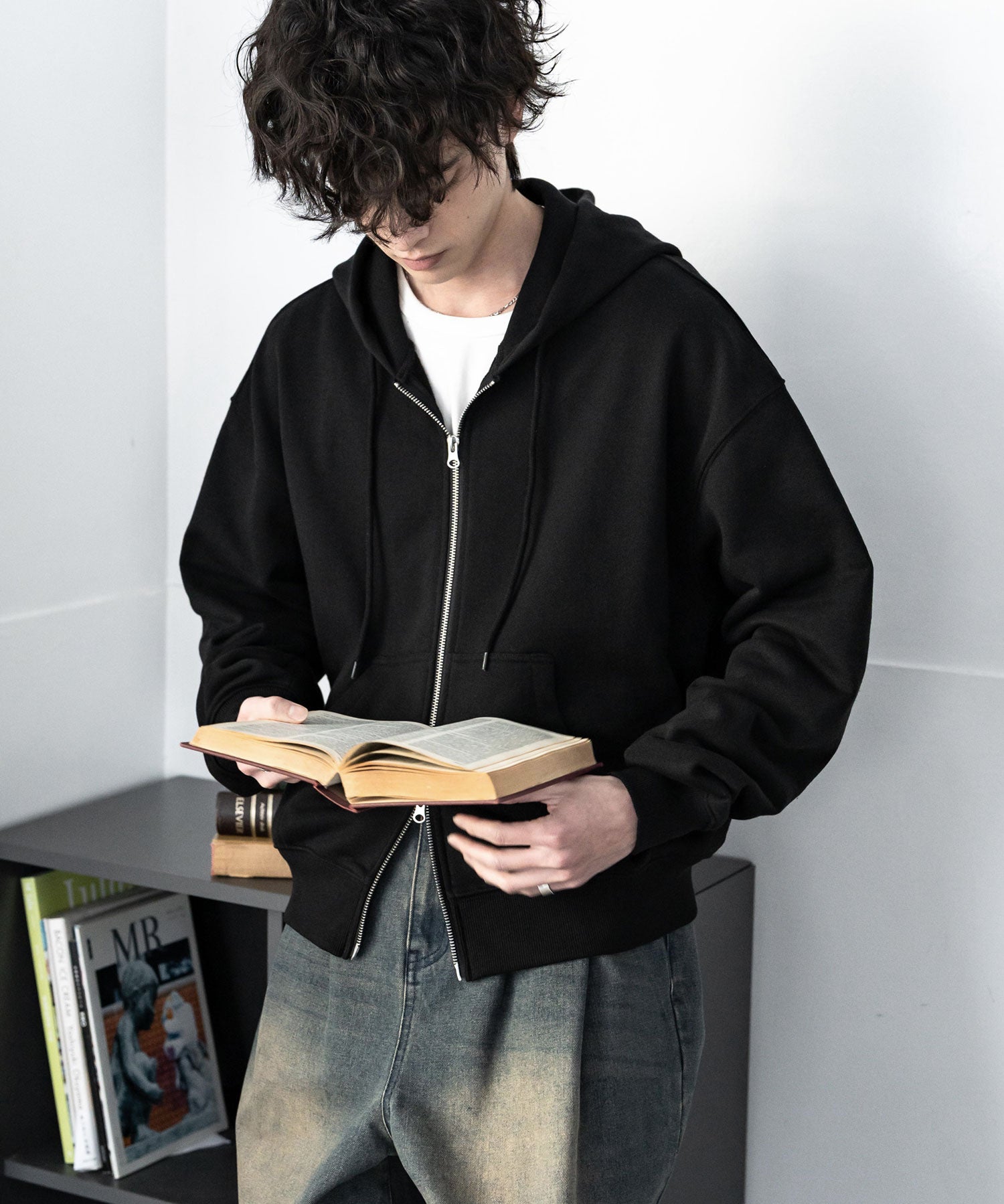 オーバーサイズ 裏毛ショート丈長袖ダブルジップパーカー 15435　【セットアップ可能】