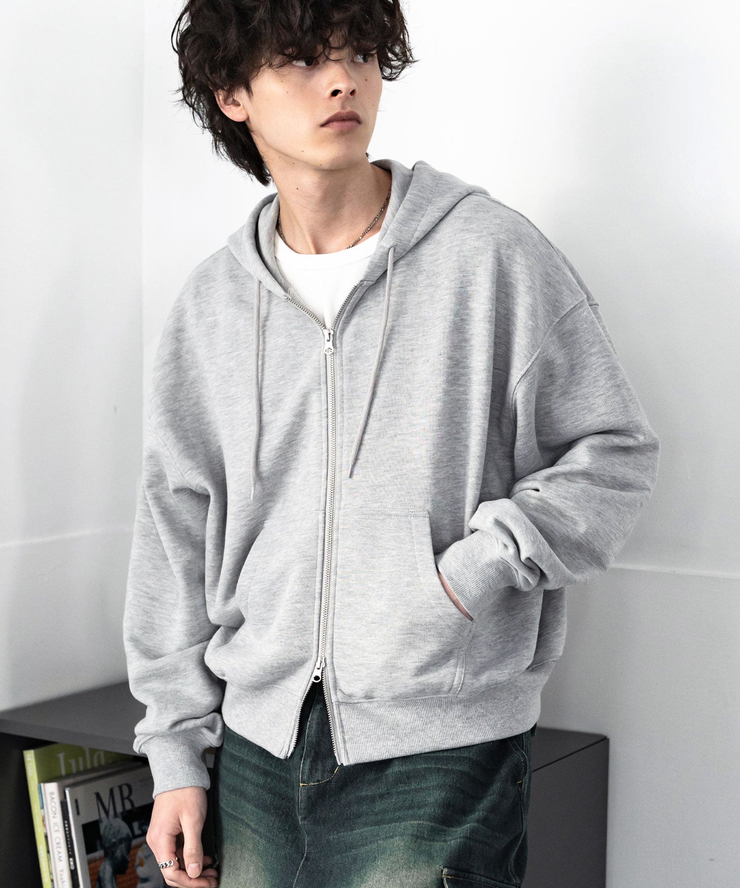 オーバーサイズ 裏毛ショート丈長袖ダブルジップパーカー 15435　【セットアップ可能】