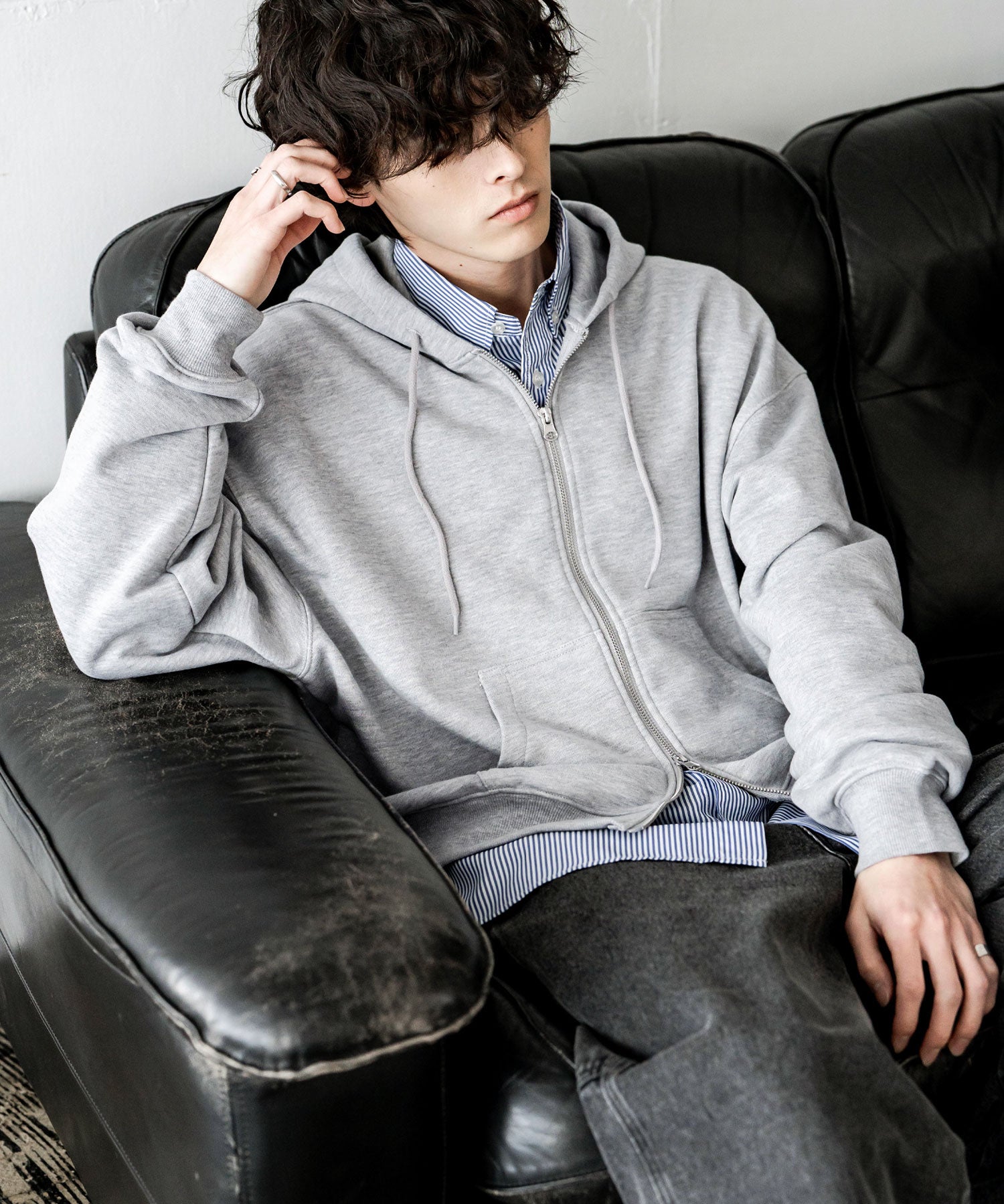 オーバーサイズ 裏毛ショート丈長袖ダブルジップパーカー 15435　【セットアップ可能】