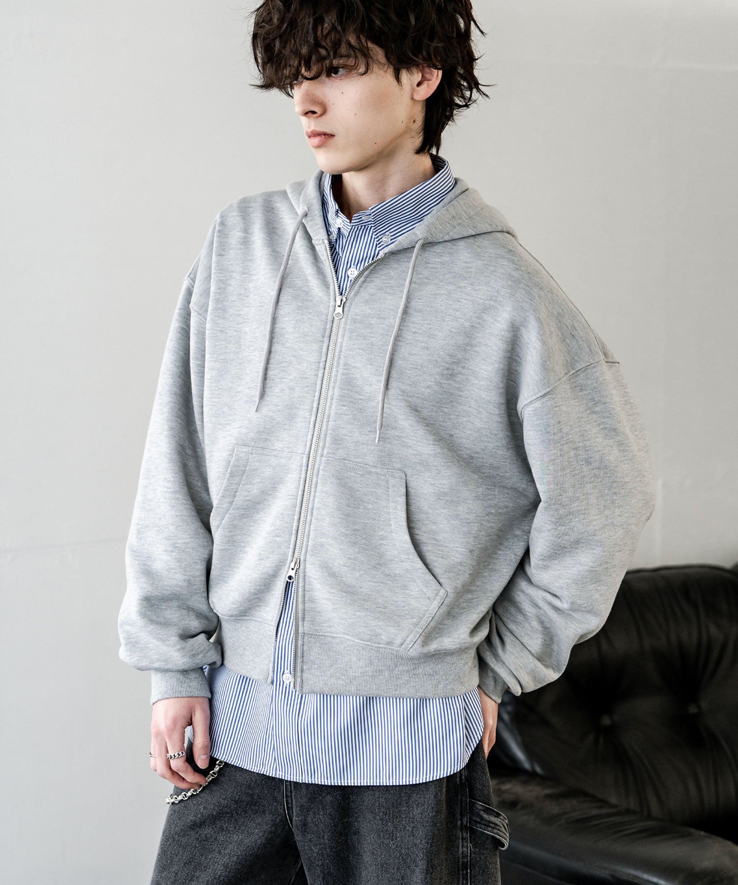 オーバーサイズ 裏毛ショート丈長袖ダブルジップパーカー 15435　【セットアップ可能】