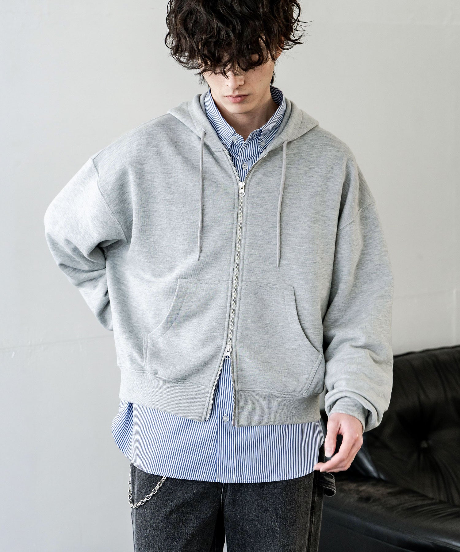 オーバーサイズ 裏毛ショート丈長袖ダブルジップパーカー 15435　【セットアップ可能】