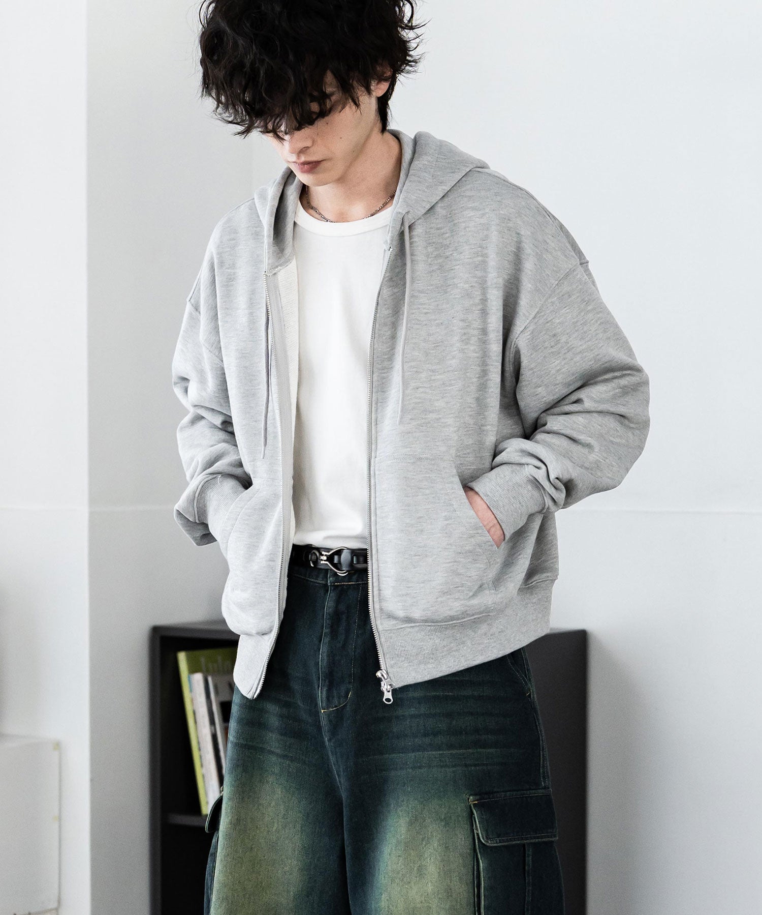 オーバーサイズ 裏毛ショート丈長袖ダブルジップパーカー 15435　【セットアップ可能】