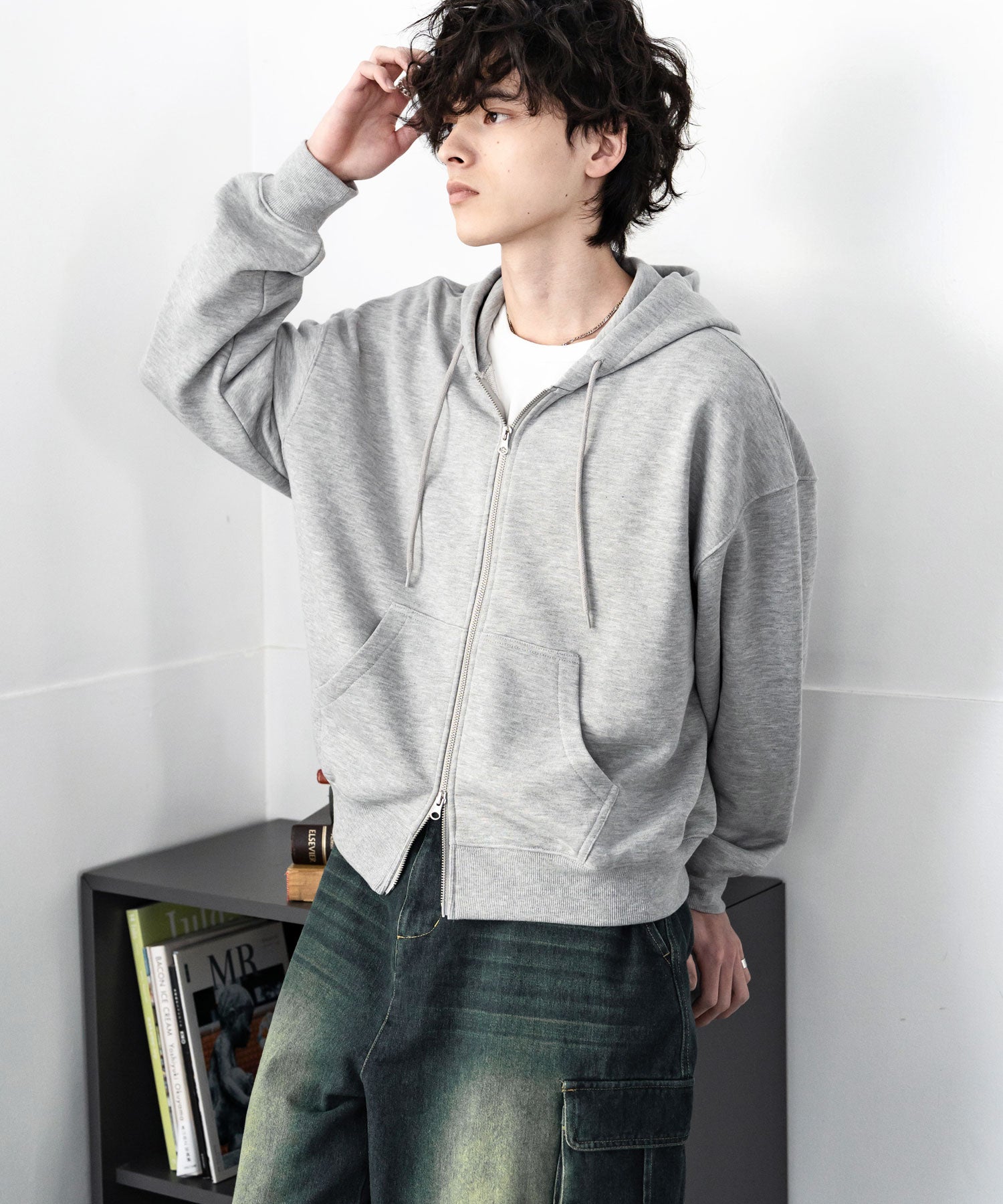 オーバーサイズ 裏毛ショート丈長袖ダブルジップパーカー 15435　【セットアップ可能】