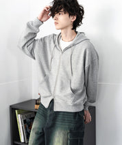 オーバーサイズ 裏毛ショート丈長袖ダブルジップパーカー 15435　【セットアップ可能】