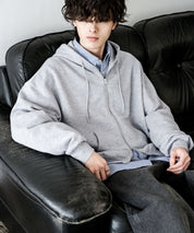 オーバーサイズ 裏毛ショート丈長袖ダブルジップパーカー 15435　【セットアップ可能】