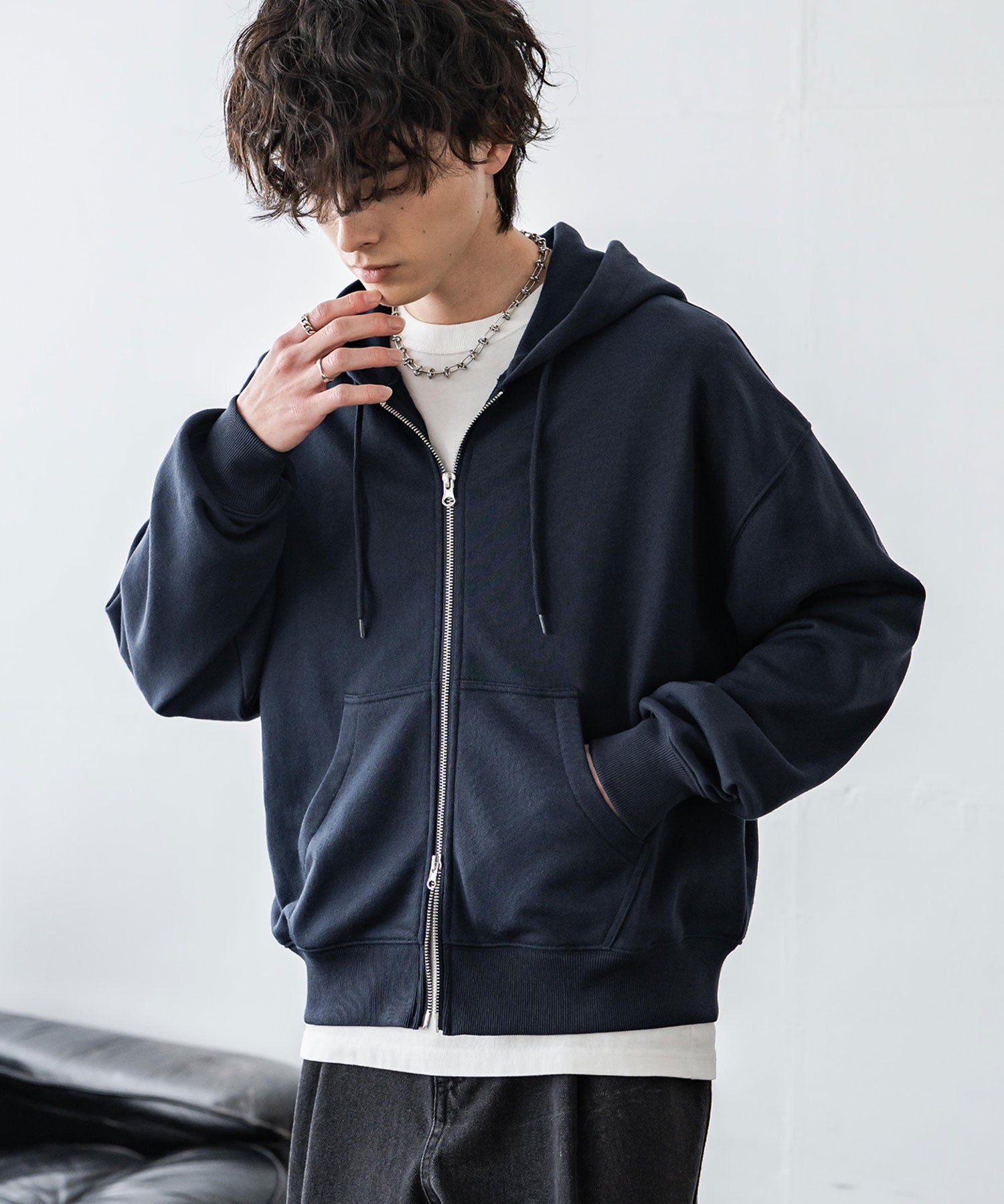 オーバーサイズ 裏毛ショート丈長袖ダブルジップパーカー 15435　【セットアップ可能】