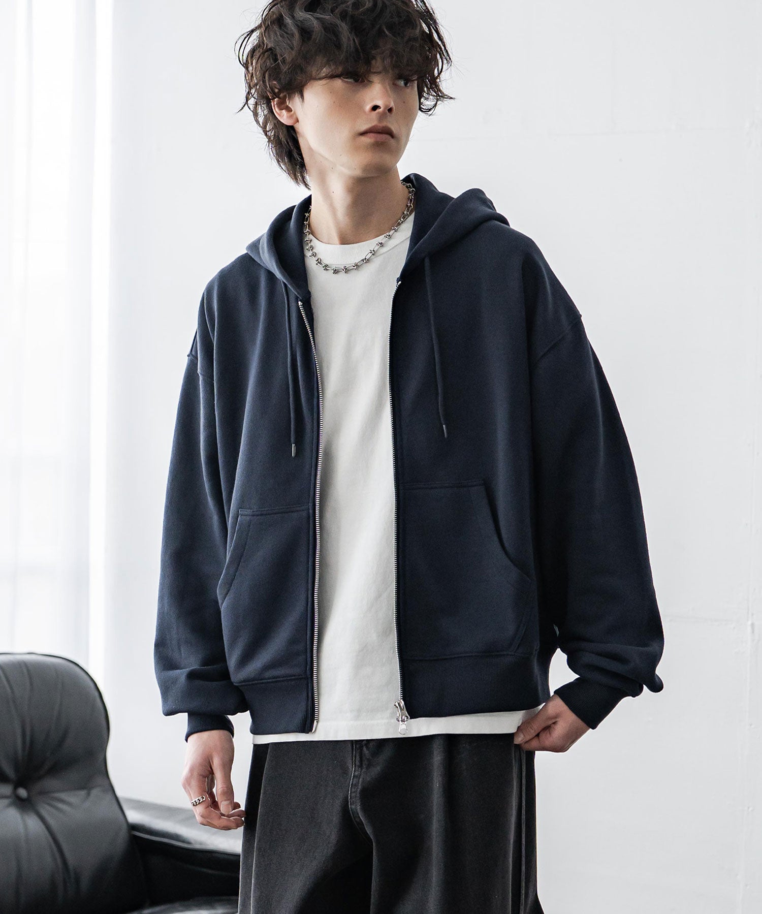 オーバーサイズ 裏毛ショート丈長袖ダブルジップパーカー 15435　【セットアップ可能】