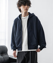 オーバーサイズ 裏毛ショート丈長袖ダブルジップパーカー 15435　【セットアップ可能】