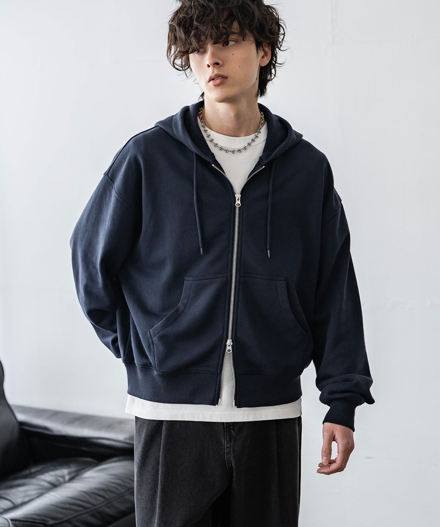 オーバーサイズ 裏毛ショート丈長袖ダブルジップパーカー 15435　【セットアップ可能】