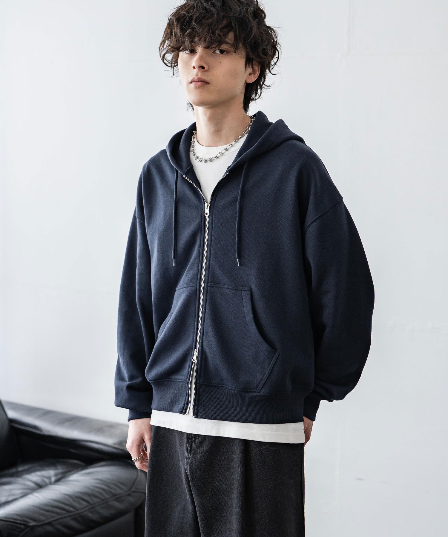 オーバーサイズ 裏毛ショート丈長袖ダブルジップパーカー 15435　【セットアップ可能】