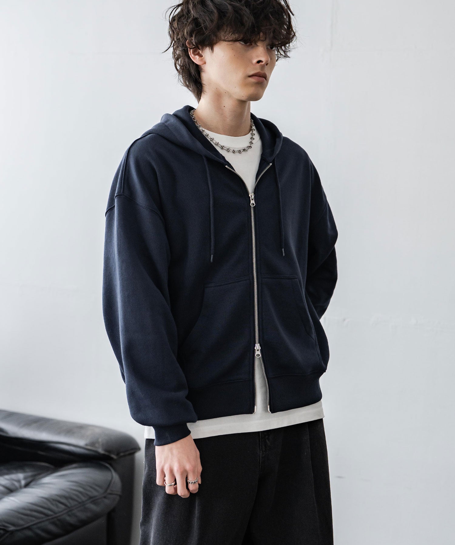 オーバーサイズ 裏毛ショート丈長袖ダブルジップパーカー 15435　【セットアップ可能】