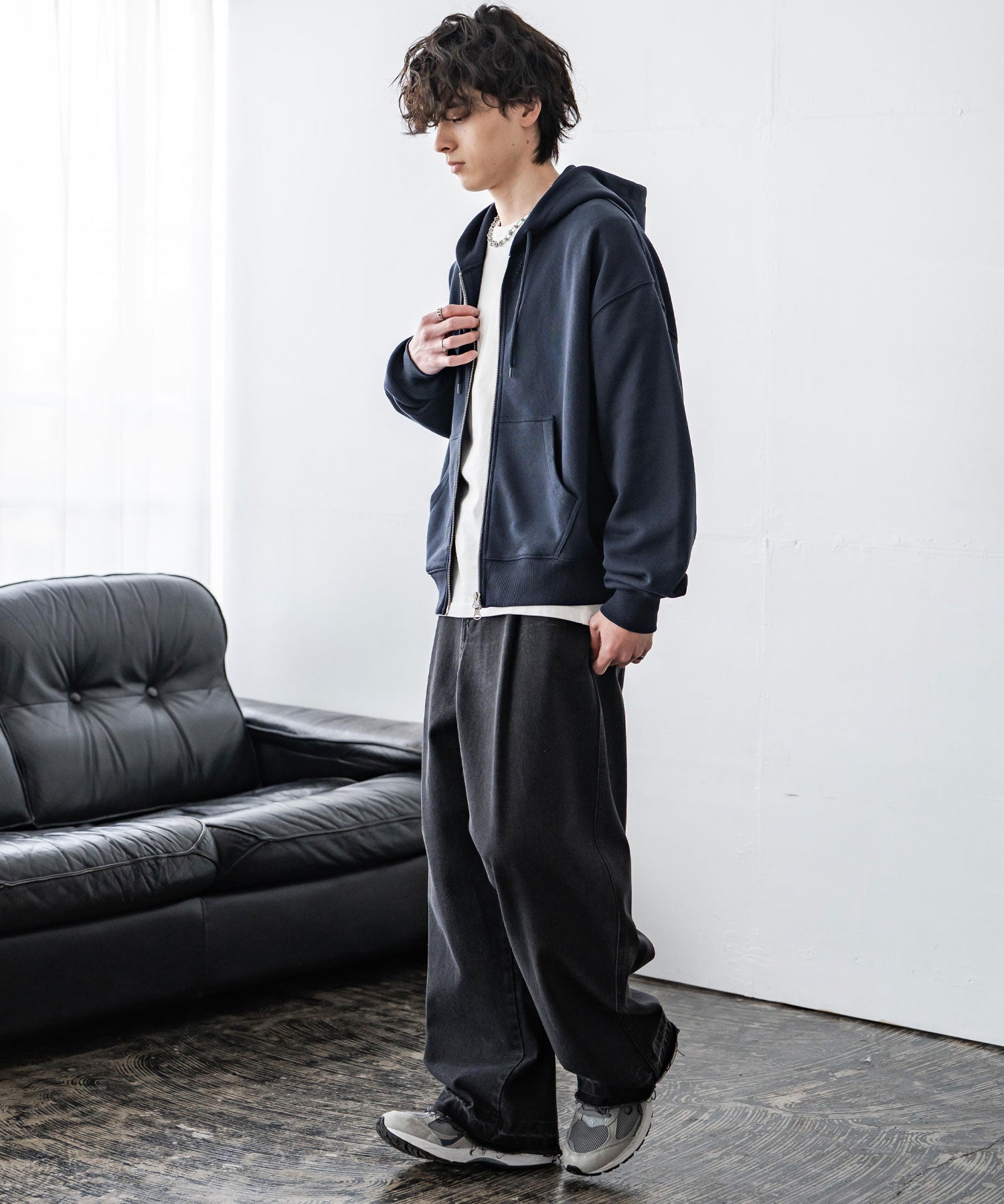 オーバーサイズ 裏毛ショート丈長袖ダブルジップパーカー 15435　【セットアップ可能】