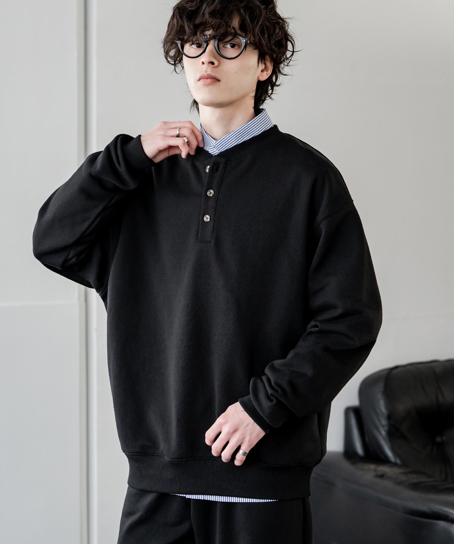 オーバーサイズ 裏毛ヘンリーネック長袖スウェット 15436 【セットアップ可能】