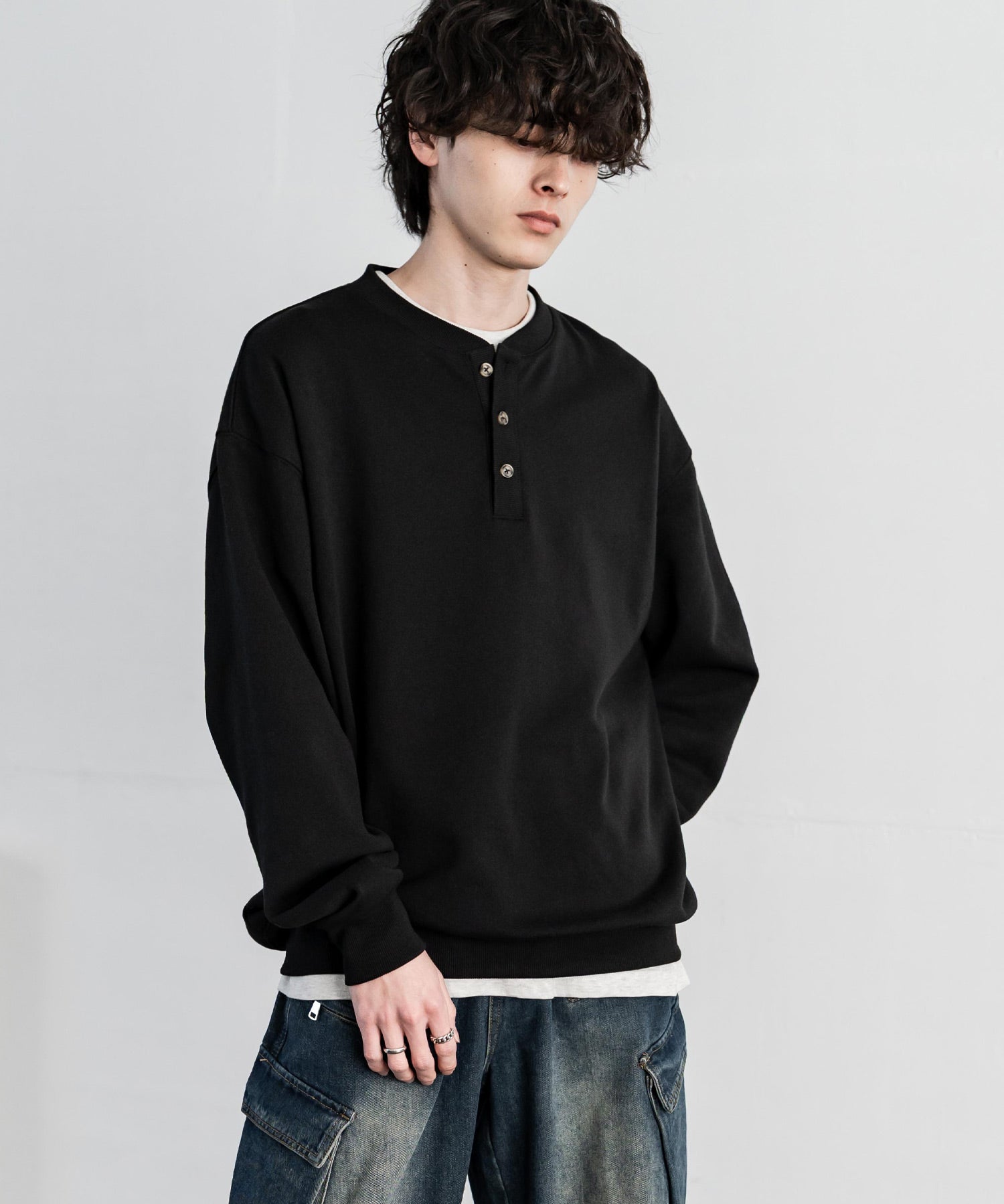 オーバーサイズ 裏毛ヘンリーネック長袖スウェット 15436 【セットアップ可能】