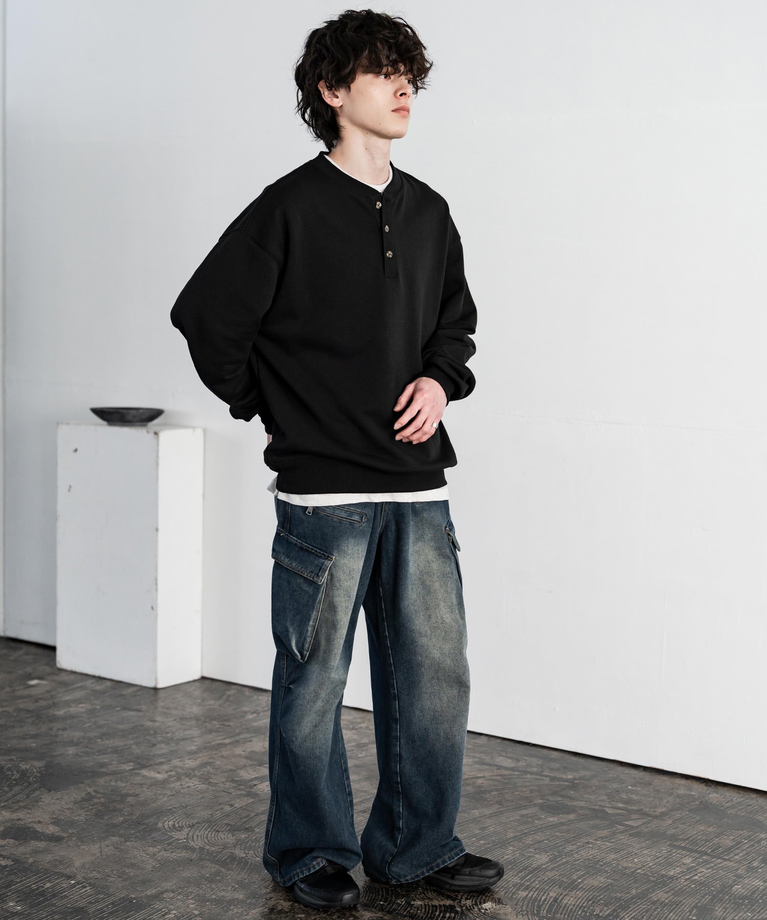 オーバーサイズ 裏毛ヘンリーネック長袖スウェット 15436 【セットアップ可能】