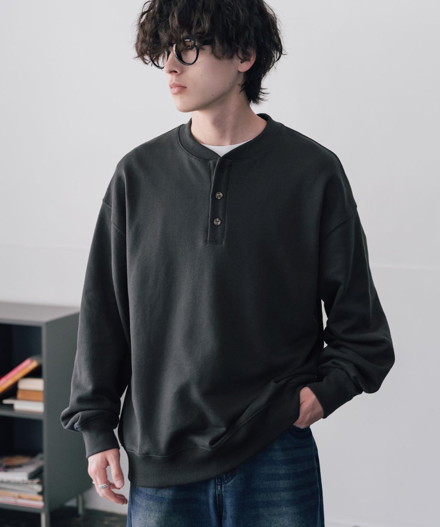 新色追加 オーバーサイズ 裏毛ヘンリーネック長袖スウェット 15436 【セットアップ可能】