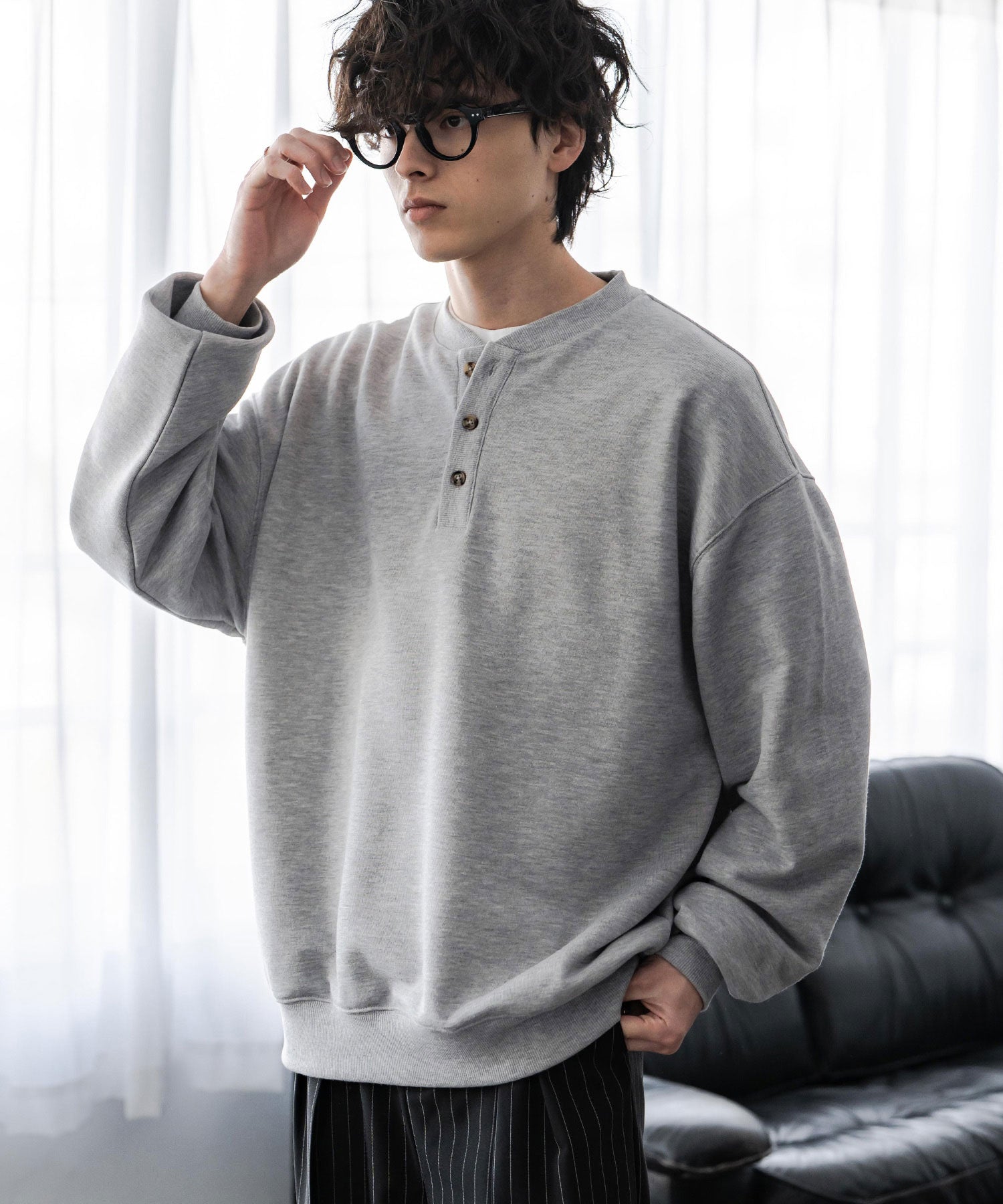 オーバーサイズ 裏毛ヘンリーネック長袖スウェット 15436 【セットアップ可能】