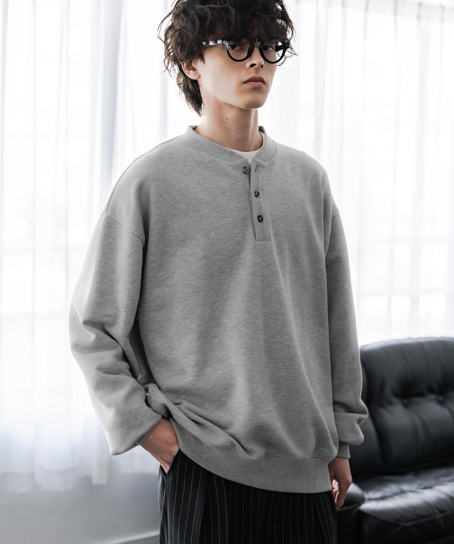 オーバーサイズ 裏毛ヘンリーネック長袖スウェット 15436 【セットアップ可能】
