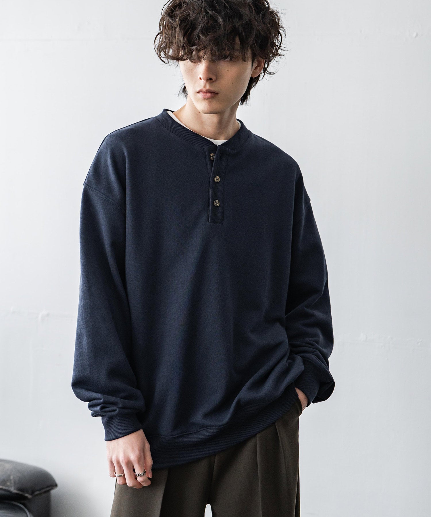 オーバーサイズ 裏毛ヘンリーネック長袖スウェット 15436 【セットアップ可能】