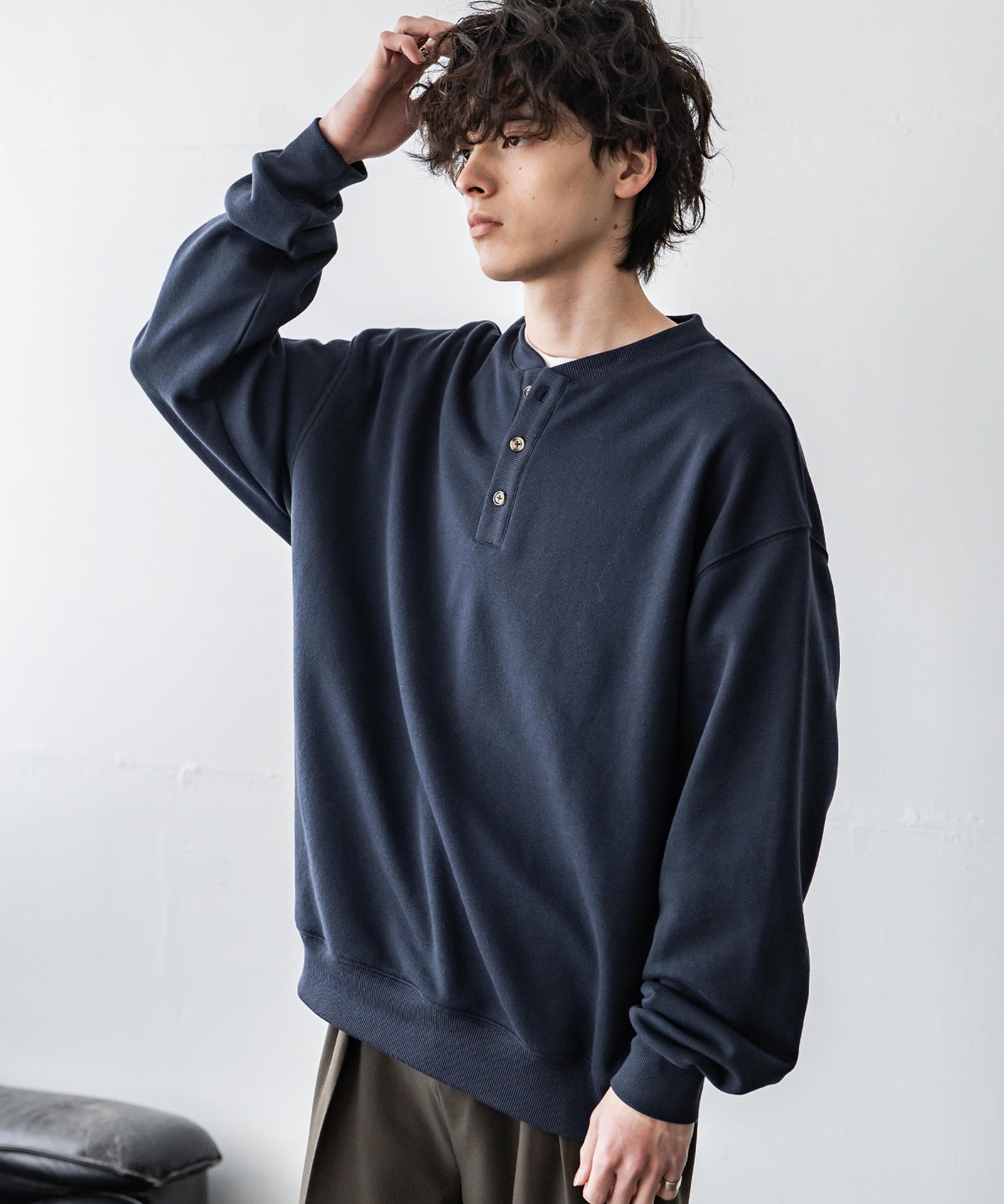 オーバーサイズ 裏毛ヘンリーネック長袖スウェット 15436 【セットアップ可能】