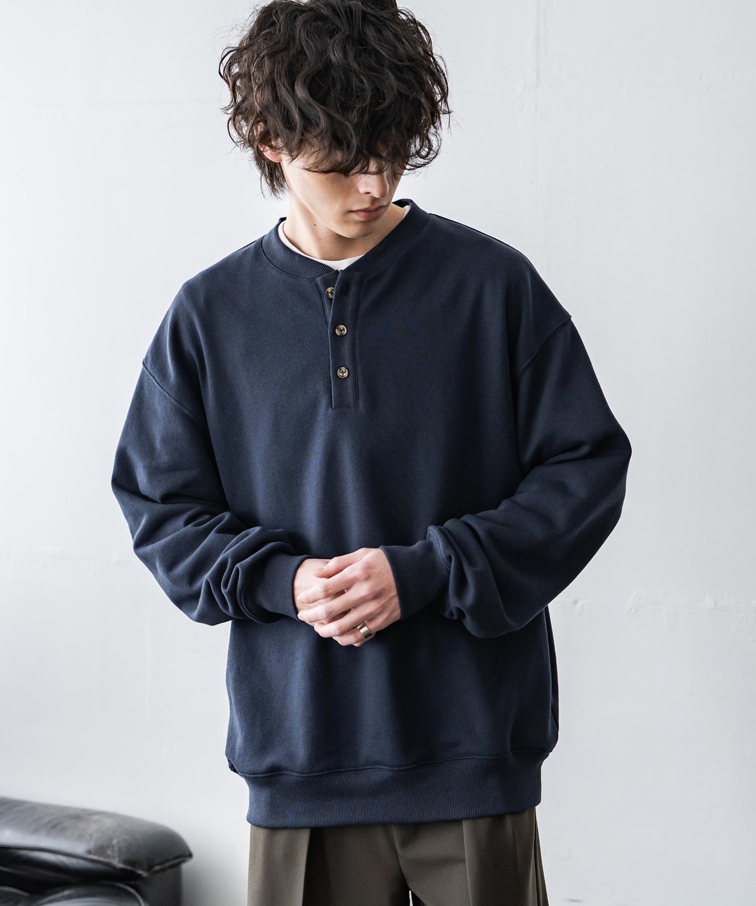 オーバーサイズ 裏毛ヘンリーネック長袖スウェット 15436 【セットアップ可能】
