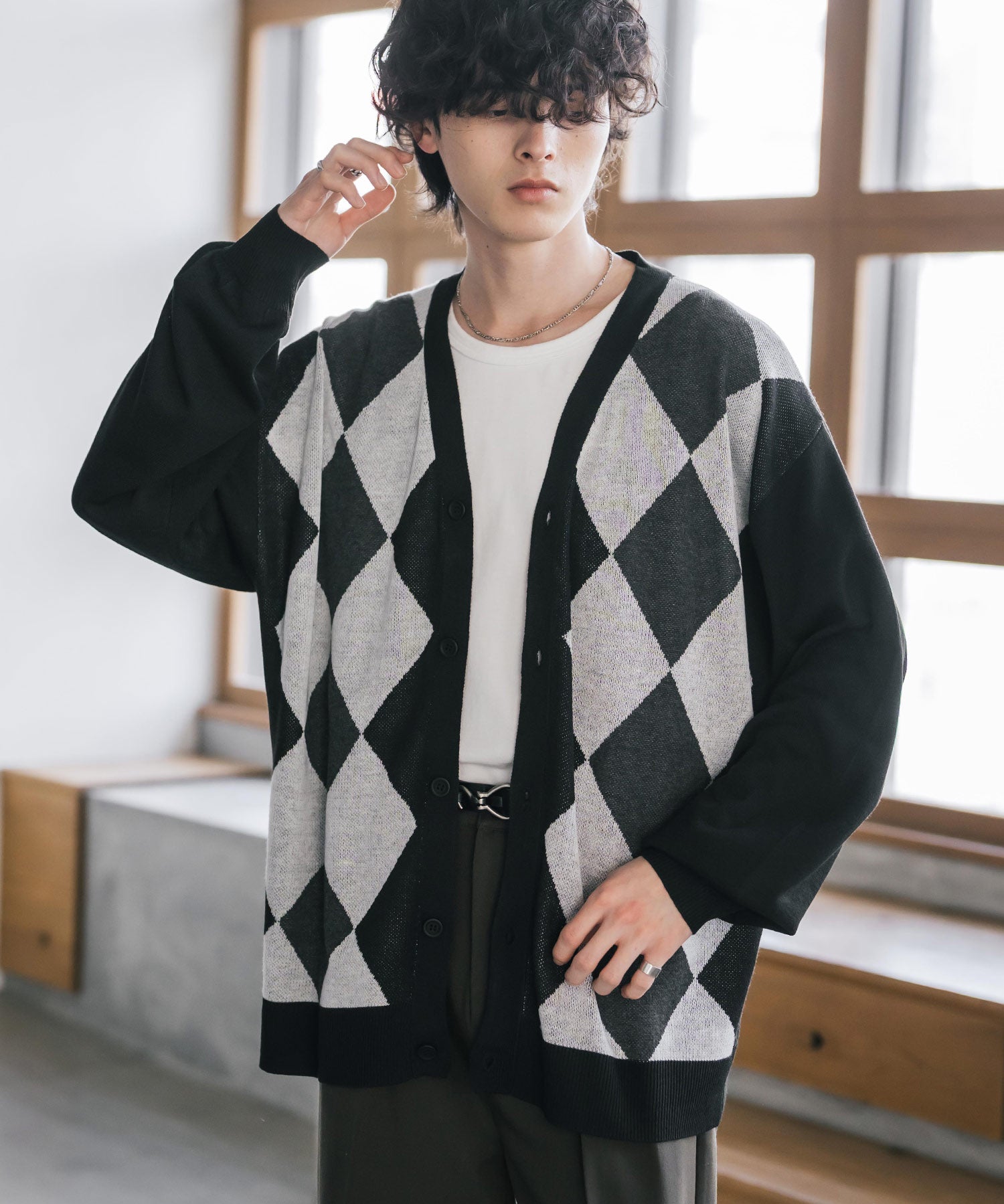 新色追加 接触冷感 UVカット 無地/アーガイル柄/チェック柄 オーバーサイズハイゲージVネックサマーニット長袖カーディガン 15471