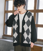 新色追加 接触冷感 UVカット 無地/アーガイル柄/チェック柄 オーバーサイズハイゲージVネックサマーニット長袖カーディガン 15471