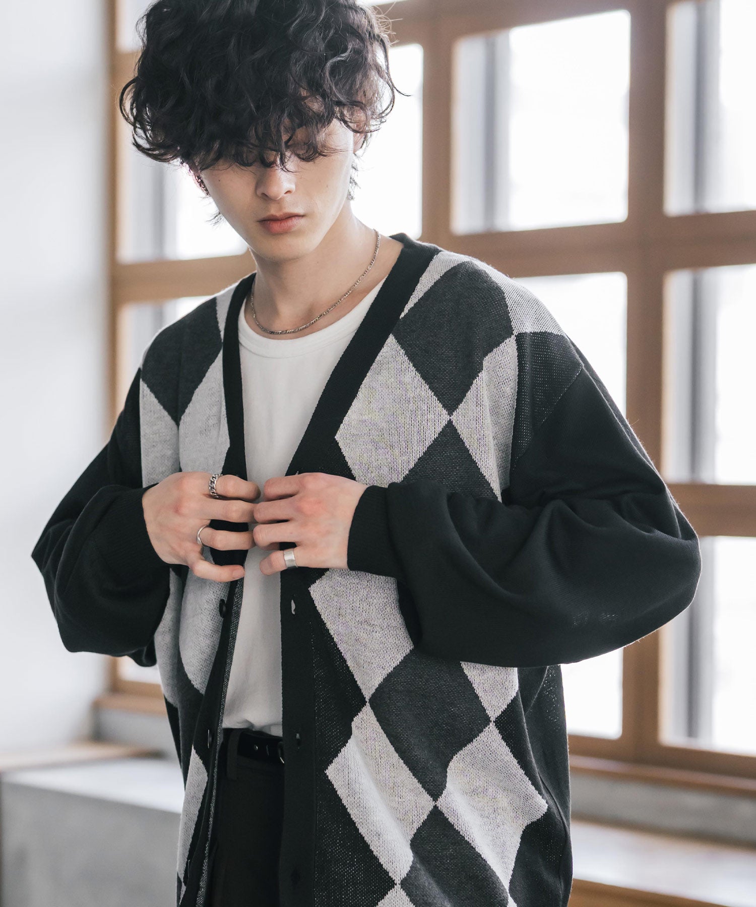 新色追加 接触冷感 UVカット 無地/アーガイル柄/チェック柄 オーバーサイズハイゲージVネックサマーニット長袖カーディガン 15471