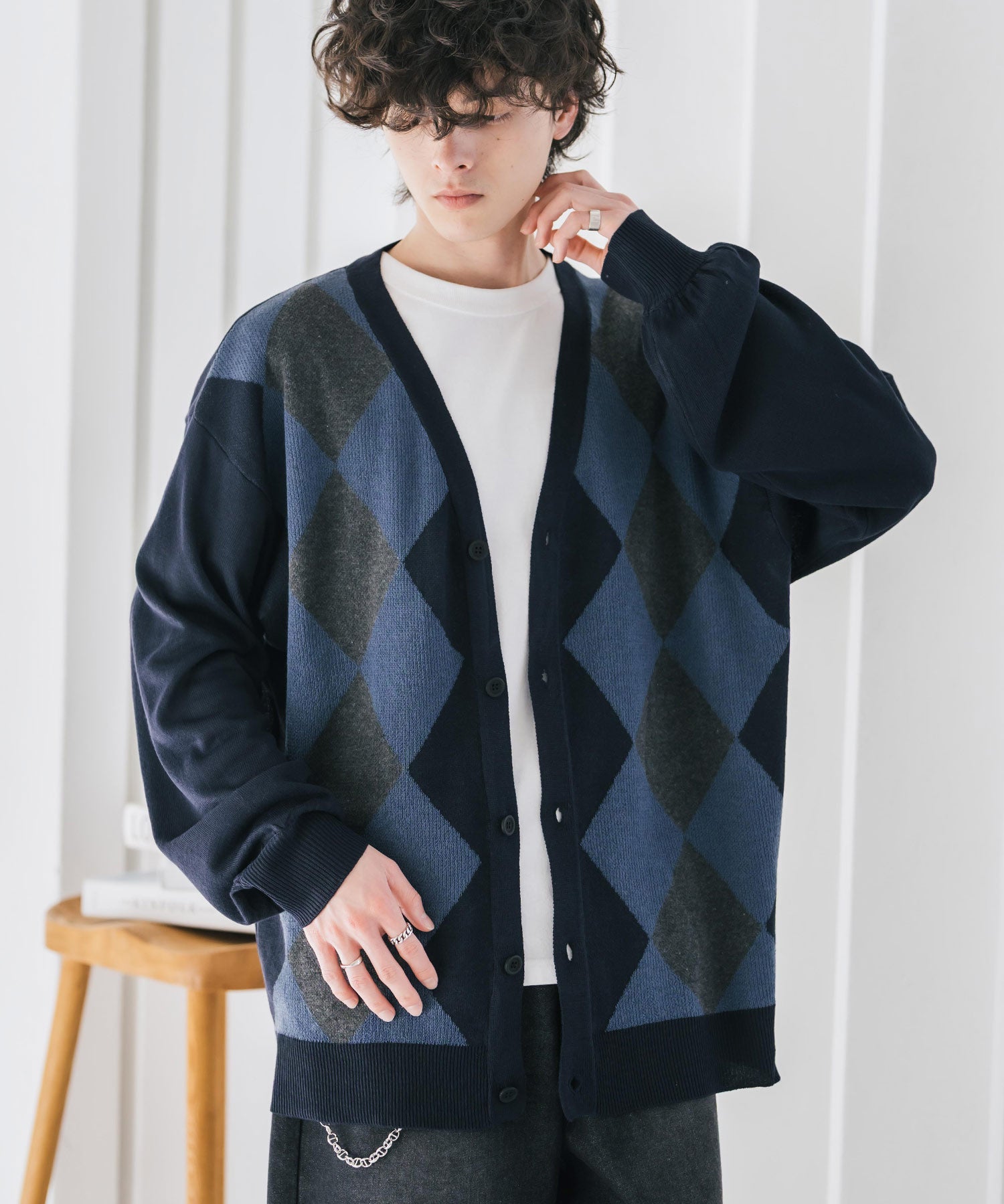 新色追加 接触冷感 UVカット 無地/アーガイル柄/チェック柄 オーバーサイズハイゲージVネックサマーニット長袖カーディガン 15471