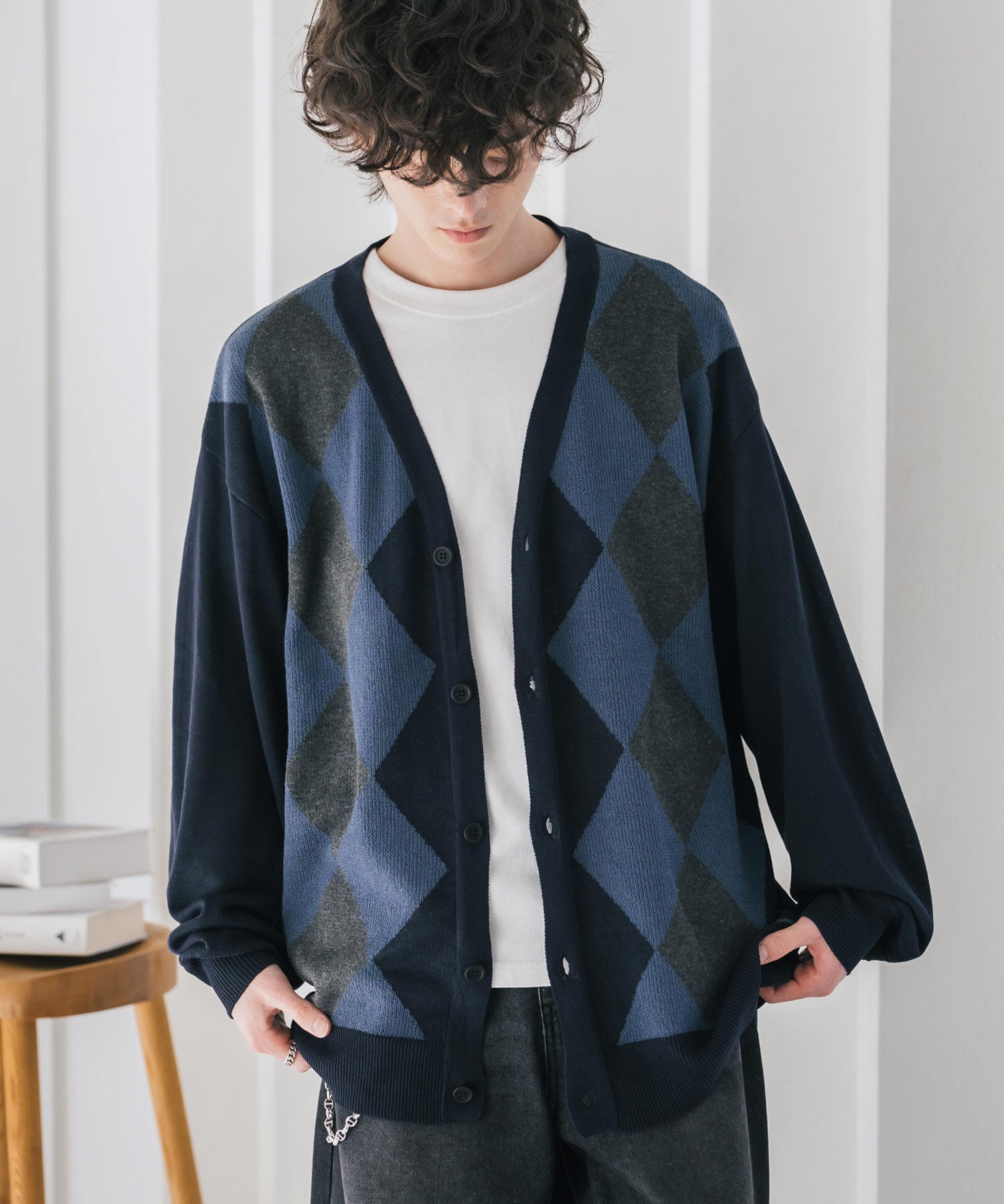 新色追加 接触冷感 UVカット 無地/アーガイル柄/チェック柄 オーバーサイズハイゲージVネックサマーニット長袖カーディガン 15471