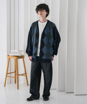 新色追加 接触冷感 UVカット 無地/アーガイル柄/チェック柄 オーバーサイズハイゲージVネックサマーニット長袖カーディガン 15471