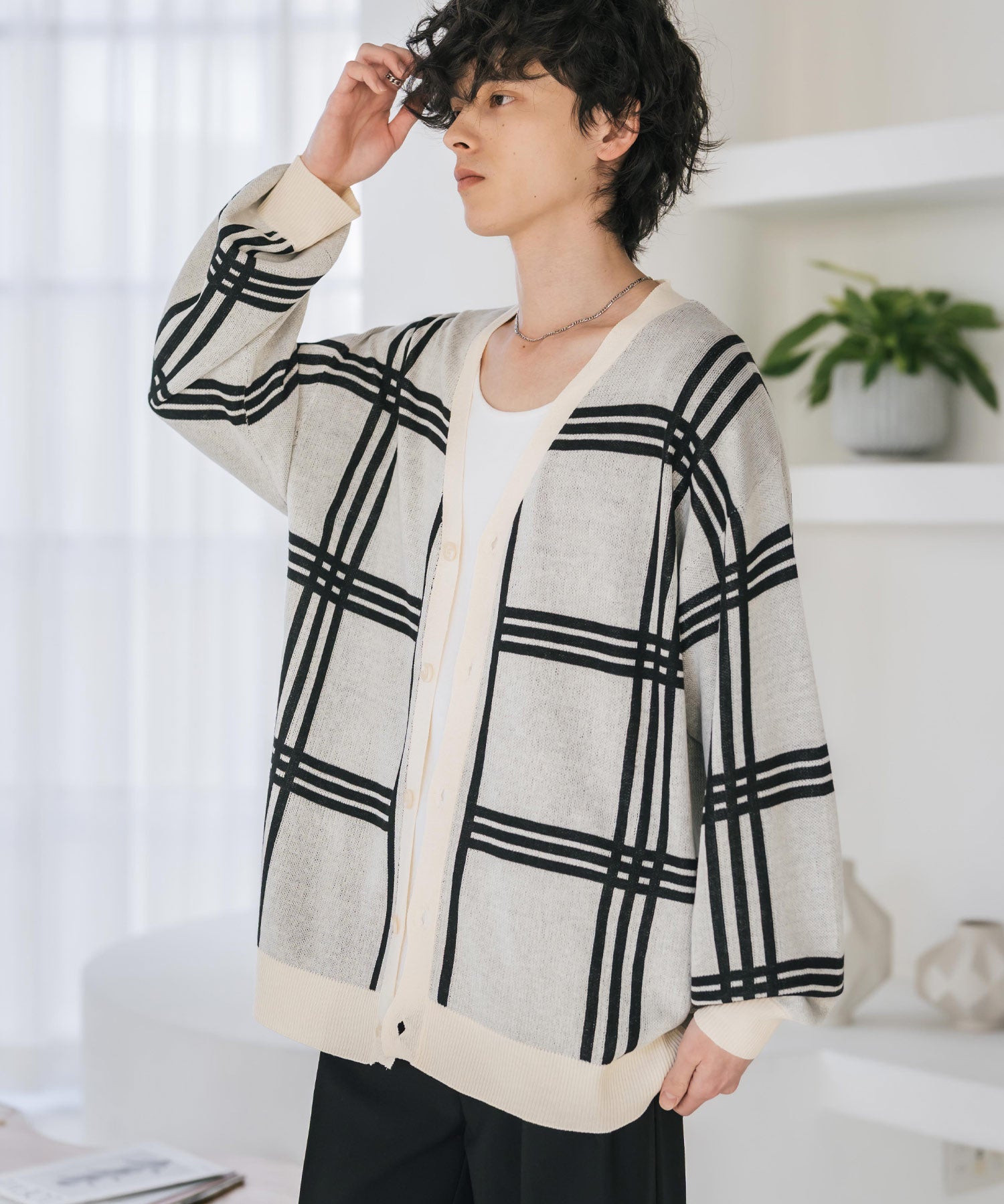 新色追加 接触冷感 UVカット 無地/アーガイル柄/チェック柄 オーバーサイズハイゲージVネックサマーニット長袖カーディガン 15471