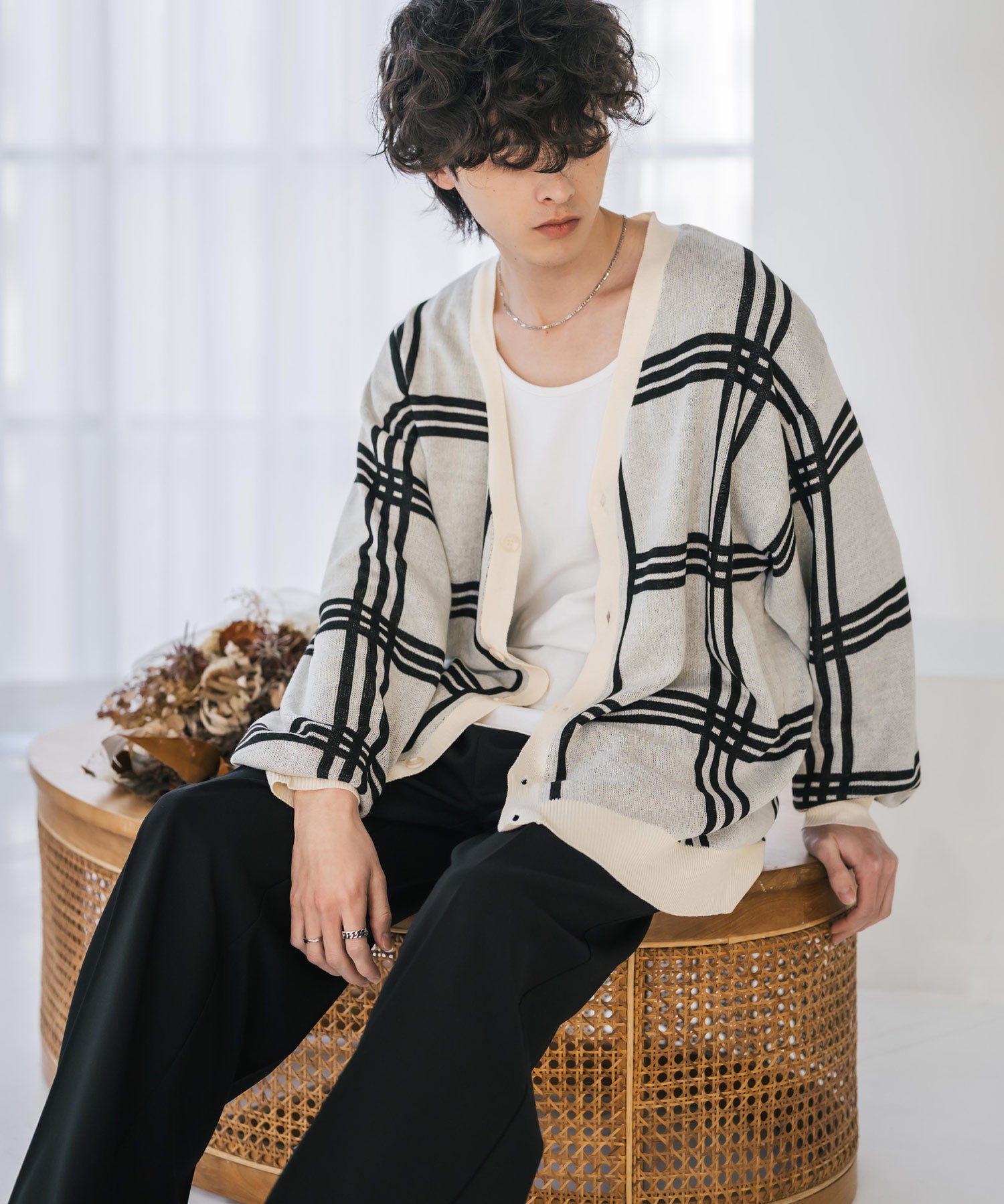 新色追加 接触冷感 UVカット 無地/アーガイル柄/チェック柄 オーバーサイズハイゲージVネックサマーニット長袖カーディガン 15471